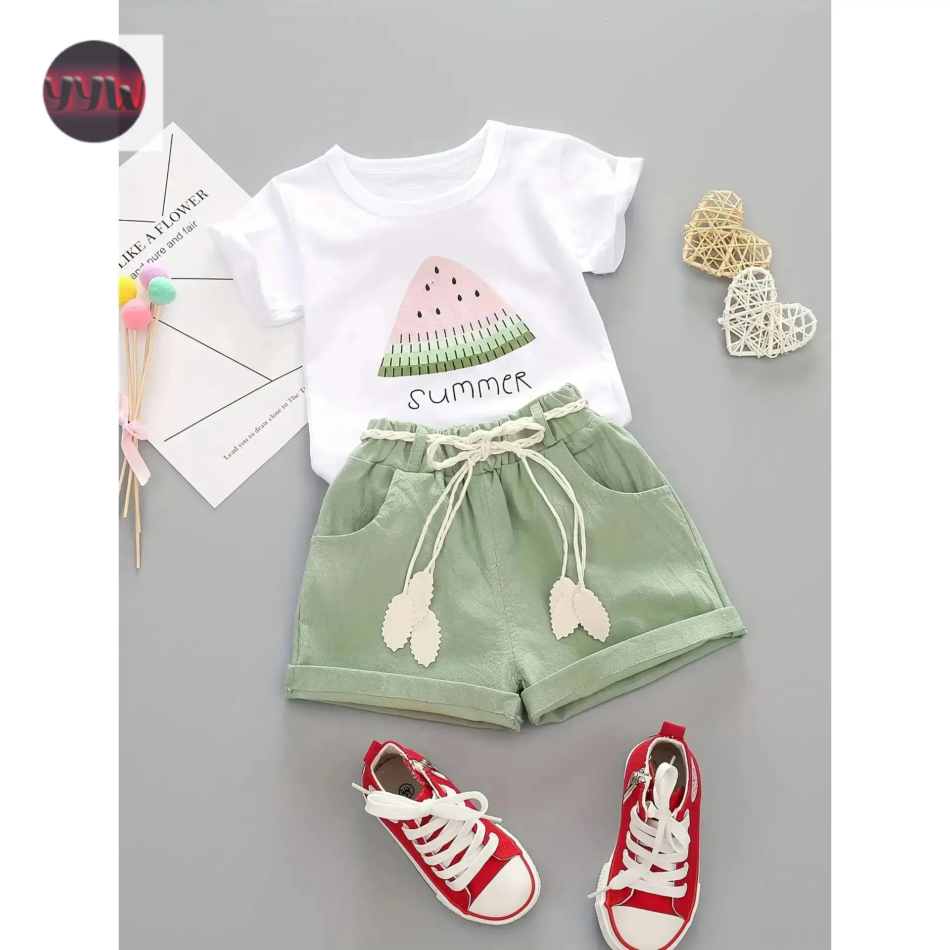 YYW1 Girls' Fashion Watermelon Print Short Sleeve Shorts Two-Piece Set, Perfect Outdoor