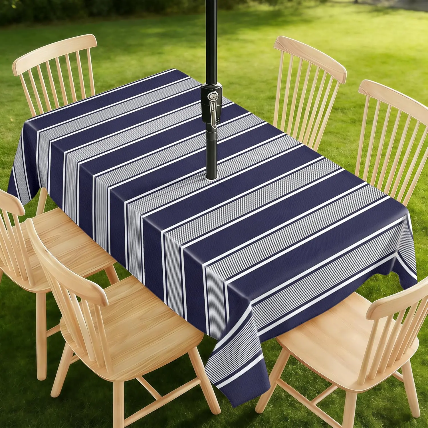 60x84 inch Blue Stripe Outdoor Rectangle Tablecloth with Umbrella Hole and Zipper, Wrinkle Free Washable Waterproof Table Cloth Zippered Rectangle Table Cover for Party/Outside/Patio/Picnic/Camping