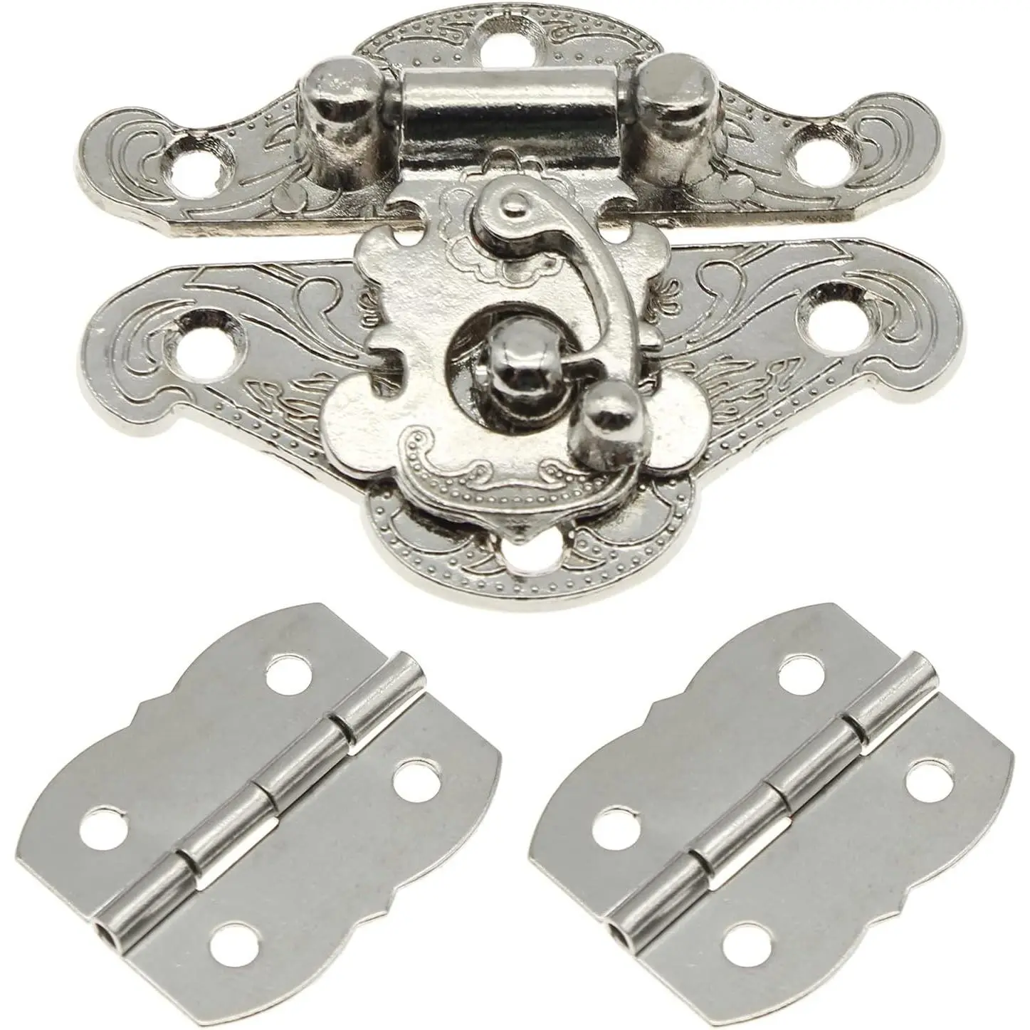 FDXGYH Silver Box Hardware Set - 1 Antique Anti-Rust Hasp Latch, 2 Butterfly-Shape Hinges, Decorative Lock Buckle with Matching Screws