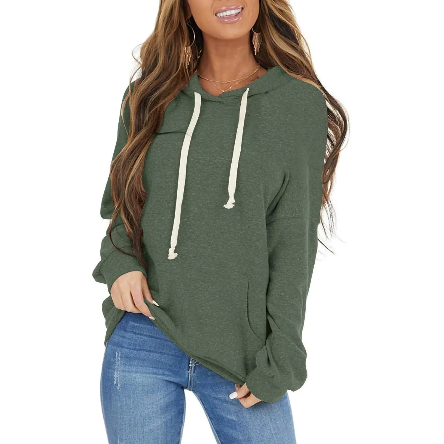 Women's Lightweight Casual Long Sleeve Hoodie Sweatshirt with Pocket, White Drawstring Pullover(Gift)