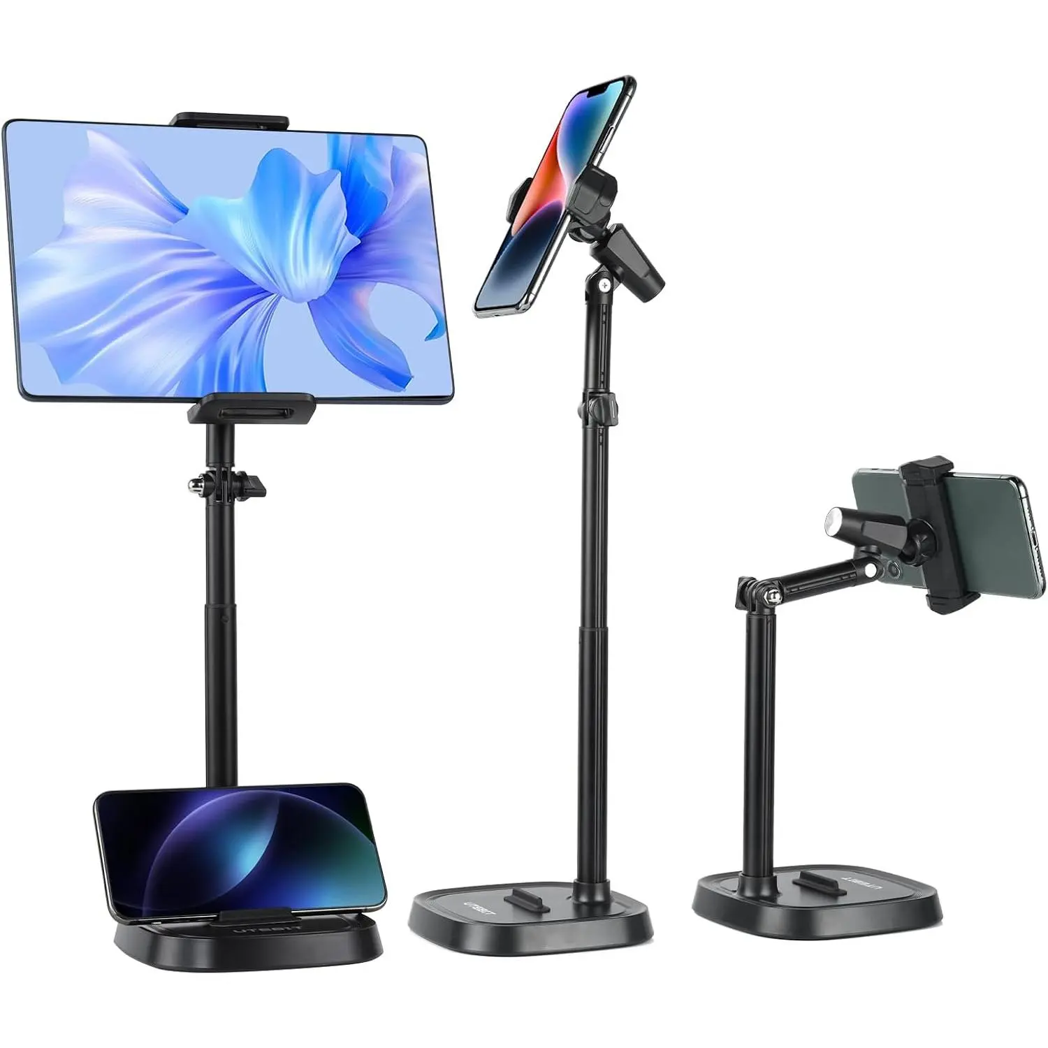 Phone Stand for Desk, 11.8''-17.7'' Adjustable Tablet Phone Holder |   Holder Retractable Cell Phone Stand Recording Office for  17 16 15 Pro Max Air, Black