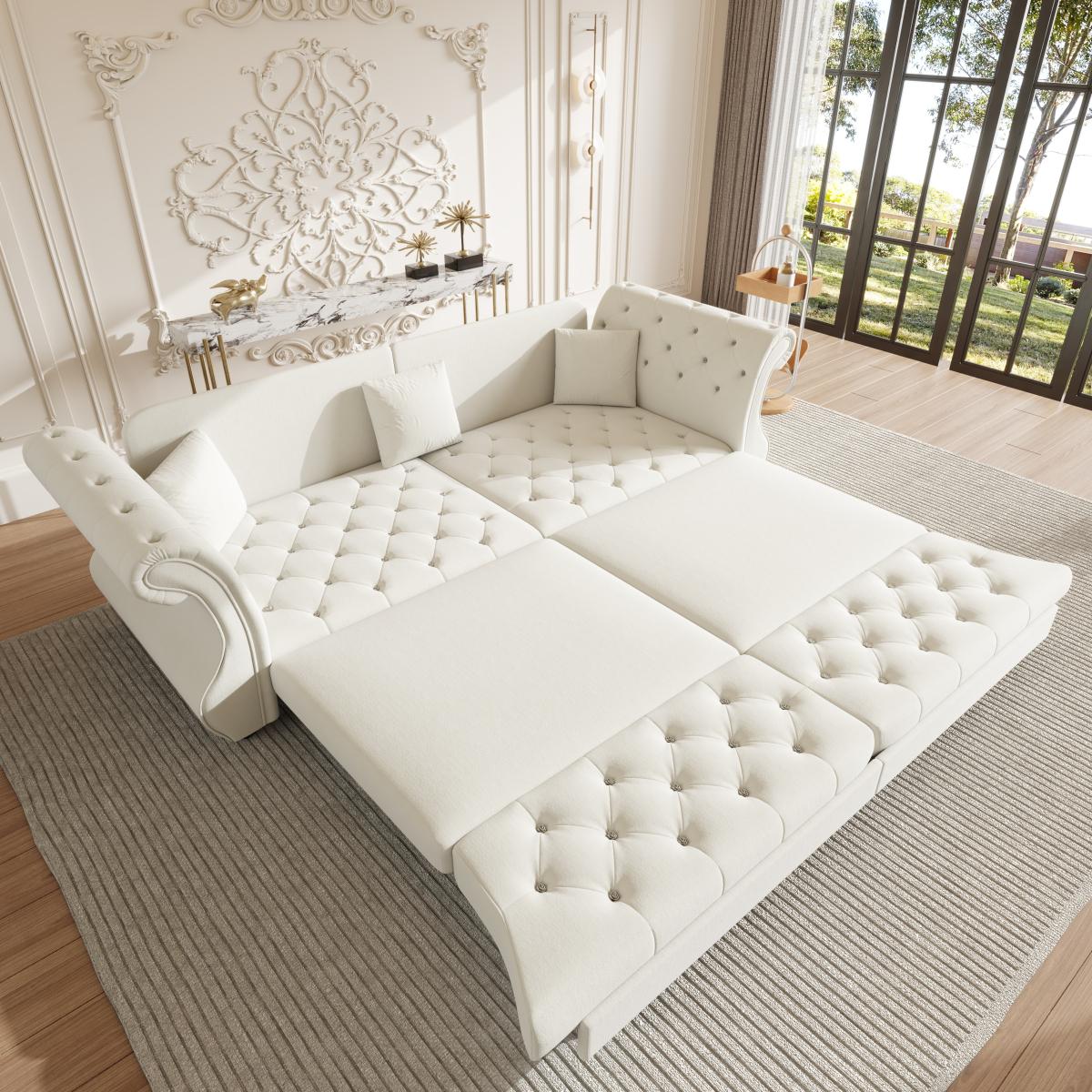 97.6" Oversized  Chesterfield Pull Out Sofa Bed, Classic Roll Arm Velvet Couch with Flower Tufting, Upholstery for Living Room/Bedroom/Apartment, Beige/White