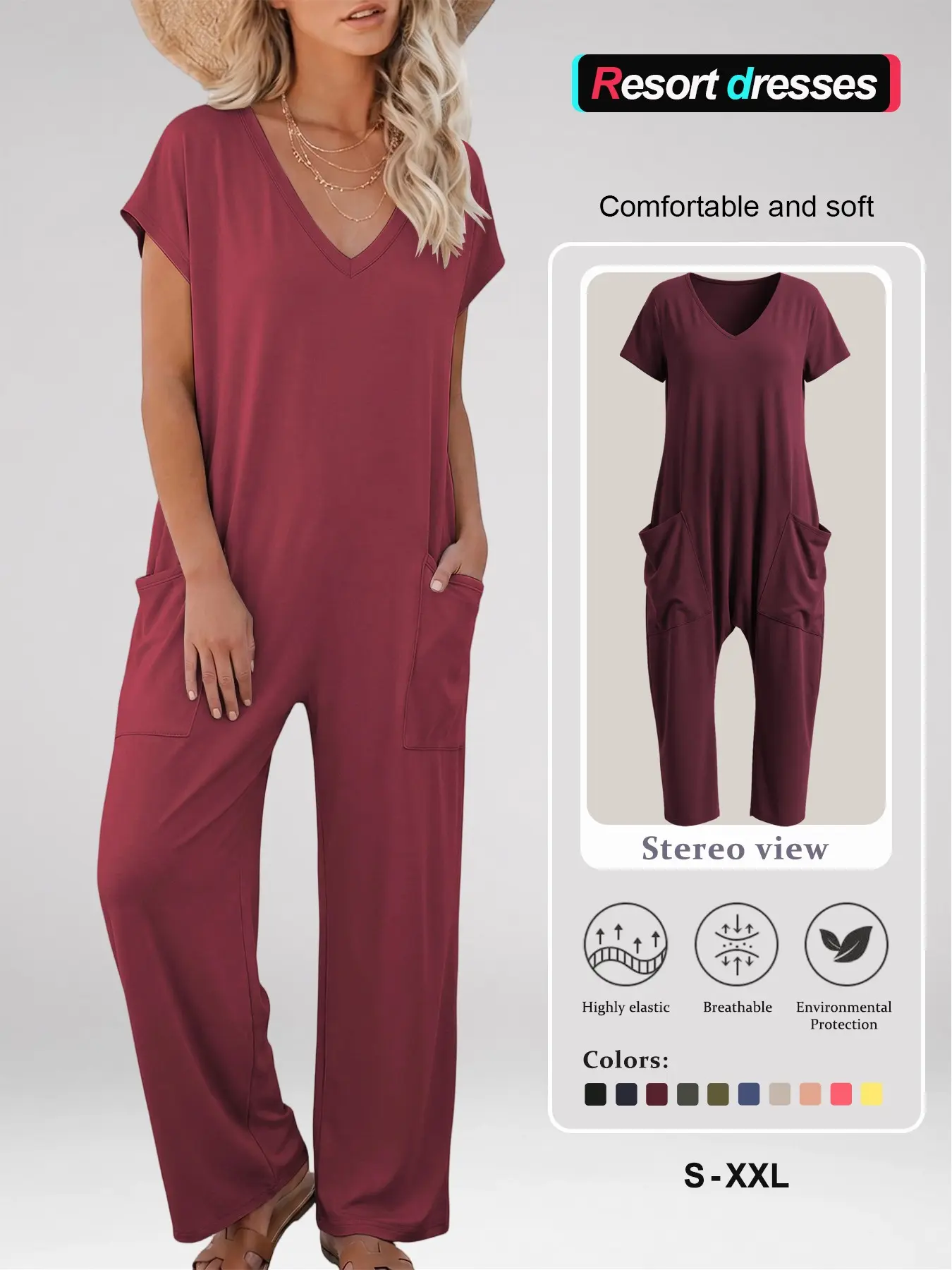 Women's Casual Wide-Leg Jumpsuit, V-Neck, Dropped Shoulder, Relaxed Fit, Soft Stretch Fabric, Side Pockets, Perfect for Vacation or Lounging, Stretchy