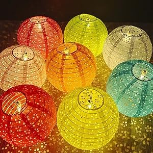 BASIC SUPPLY 5PCS Paper Lanterns Colorful Vibrant Decoration 6inches with LED Lights, Hollow Out Hanging Lanterns with Tassels Walking Sticks for Dinner Birthday Party Decor (Round)