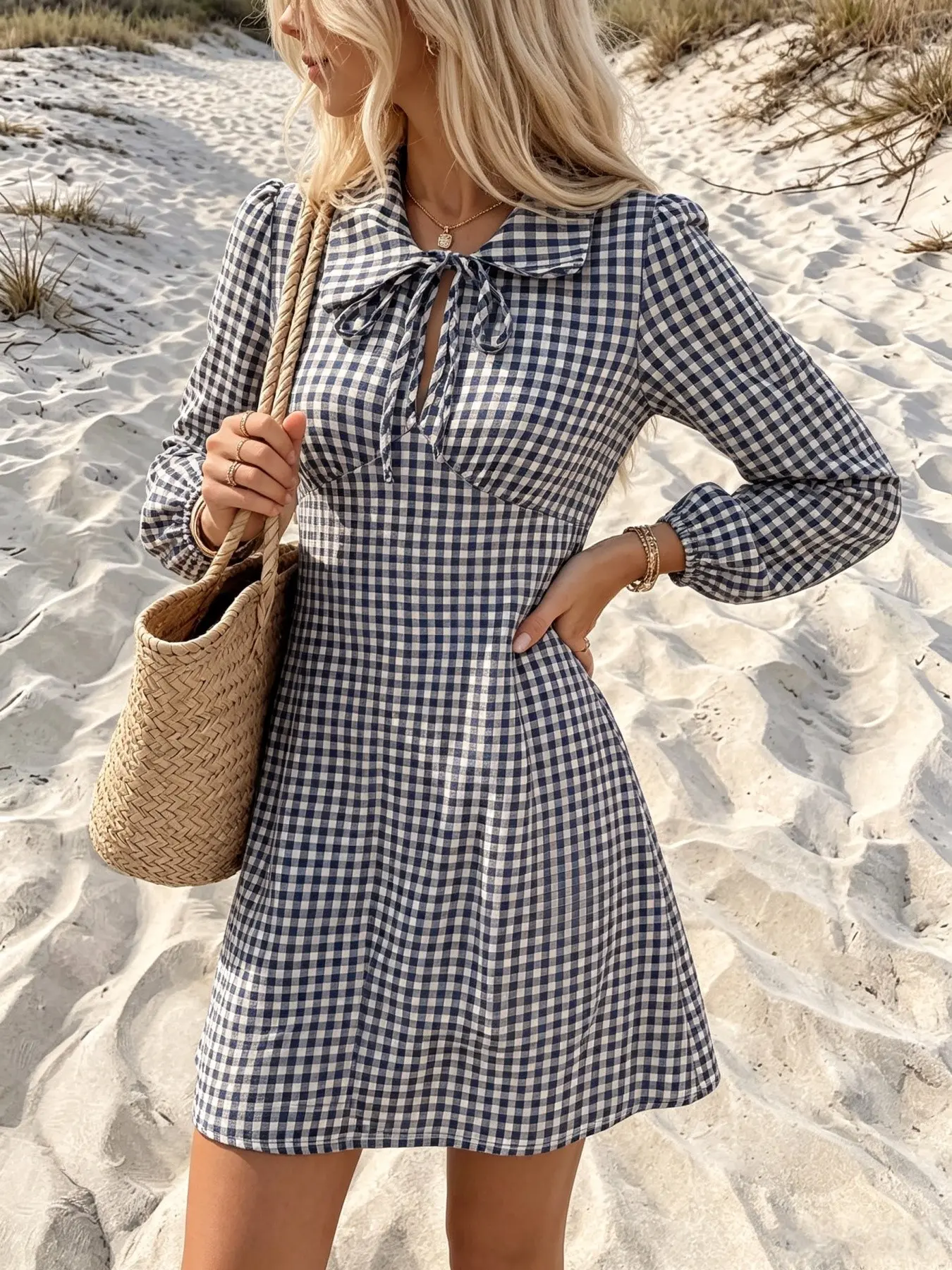 Navy Gingham Long Sleeve Mini Dress Bow Collar Puff Sleeve A Line Casual Autumn Travel Dress Women Vintage Plaid Collared Mini Dress Tie Neck Keyhole Long Sleeve Daily Vacation Outfit Preppy Gingham Bow Collar Long Sleeve Dress Back Zipper Loose Fit Fall