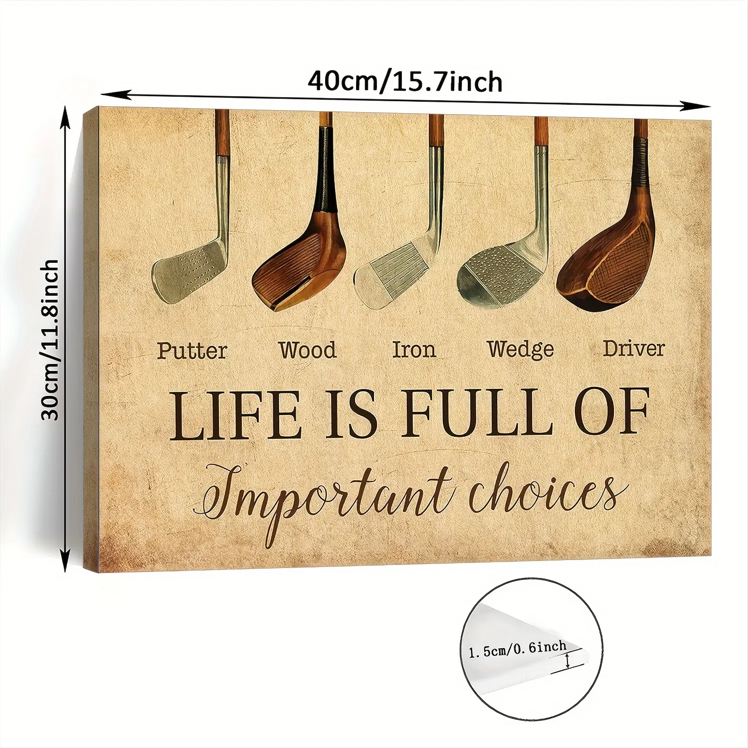 2D Vintage Golf Canvas Wall Art - 11.8x 15.7inch with Wooden Frame, featuring 5 golf clubs and the quote "Life is full of important choices" - Decoration for living room, bedroom, office - Perfect Christmas gift for golf enthusiasts, elegant font design,