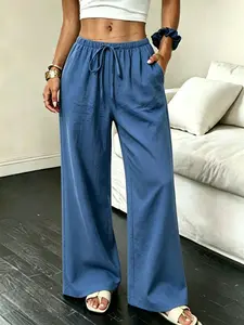 Linen Elastic Waist Drawstring Wide Leg Pants, Casual Loose High Waist Trousers, Breathable Textured Flowy Linen Pants, Streetwear & Everyday Summer Bottoms for Women