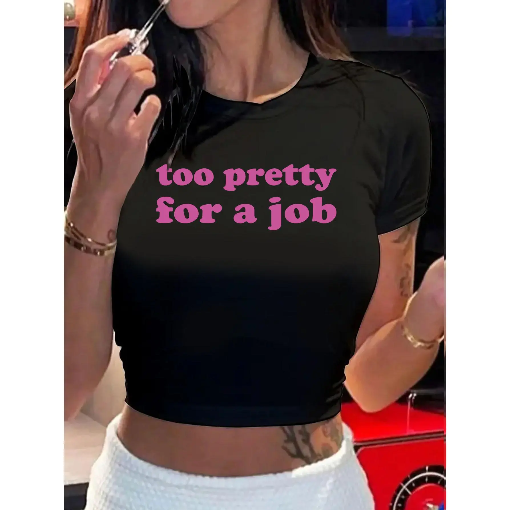 Classic Street Style Letter Pattern Printed T-Shirt, Round Neck Short Sleeve Fitted Stretchy Top, Versatile Cropped T-Shirt for Women'S Vacation And Casual Wear