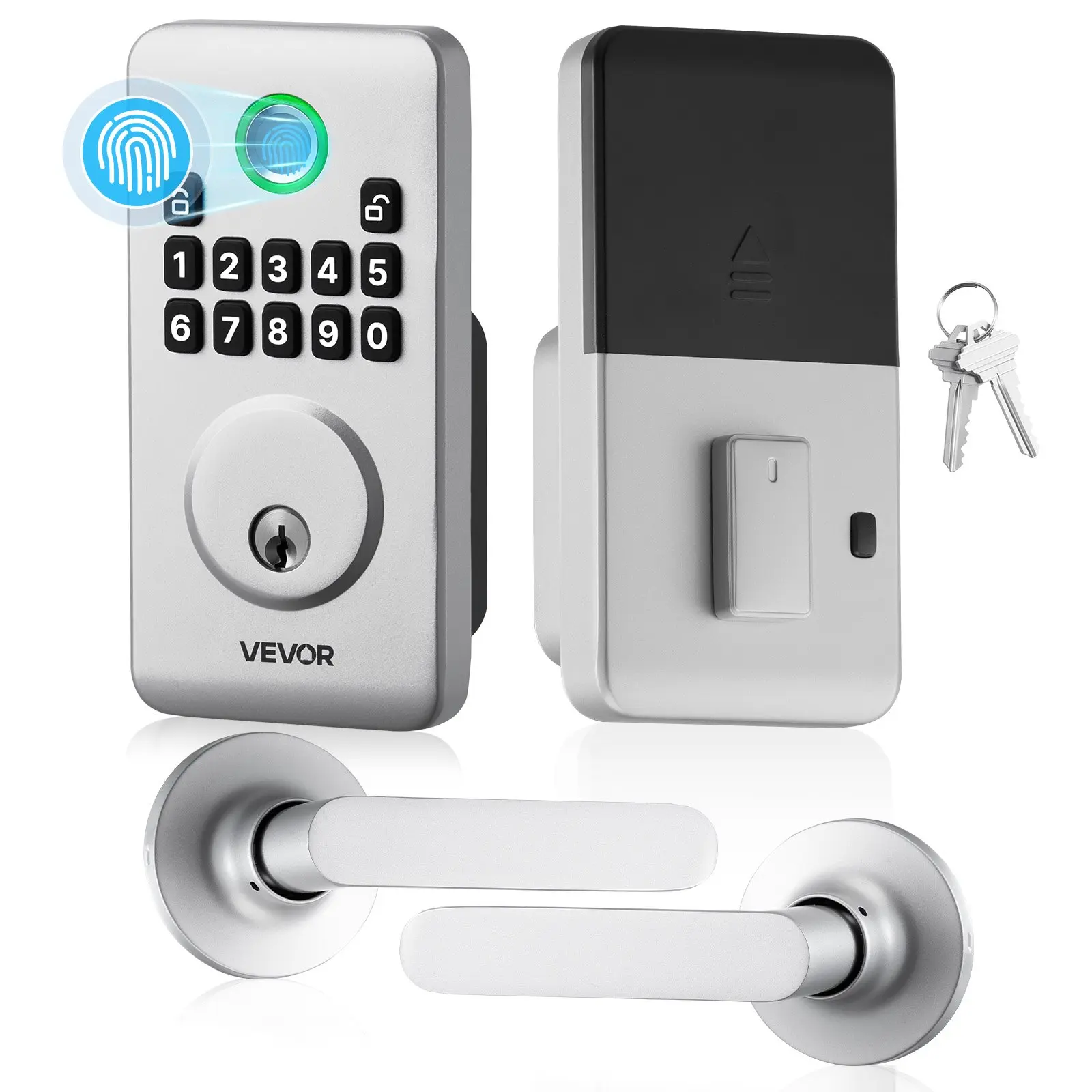 【DealsForYouDays】VEVOR Fingerprint Door Lock Set, Electronic Biometric Deadbolt Keyless Entry Door Lock with Handle, Pioneering Easy-Grip Design, Auto Locking, One-Time Code, Anti-Peeking Password, for Home, Silver