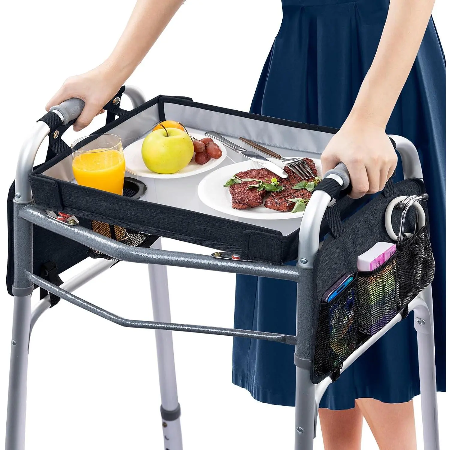 Upgraded Clear View Walker Tray for Seniors–  Folding Walker Table with Cup Holder & Side Pocket | Hard Top Lightweight Walker Accessory, Tool-Free Installation, Fits  Walkers