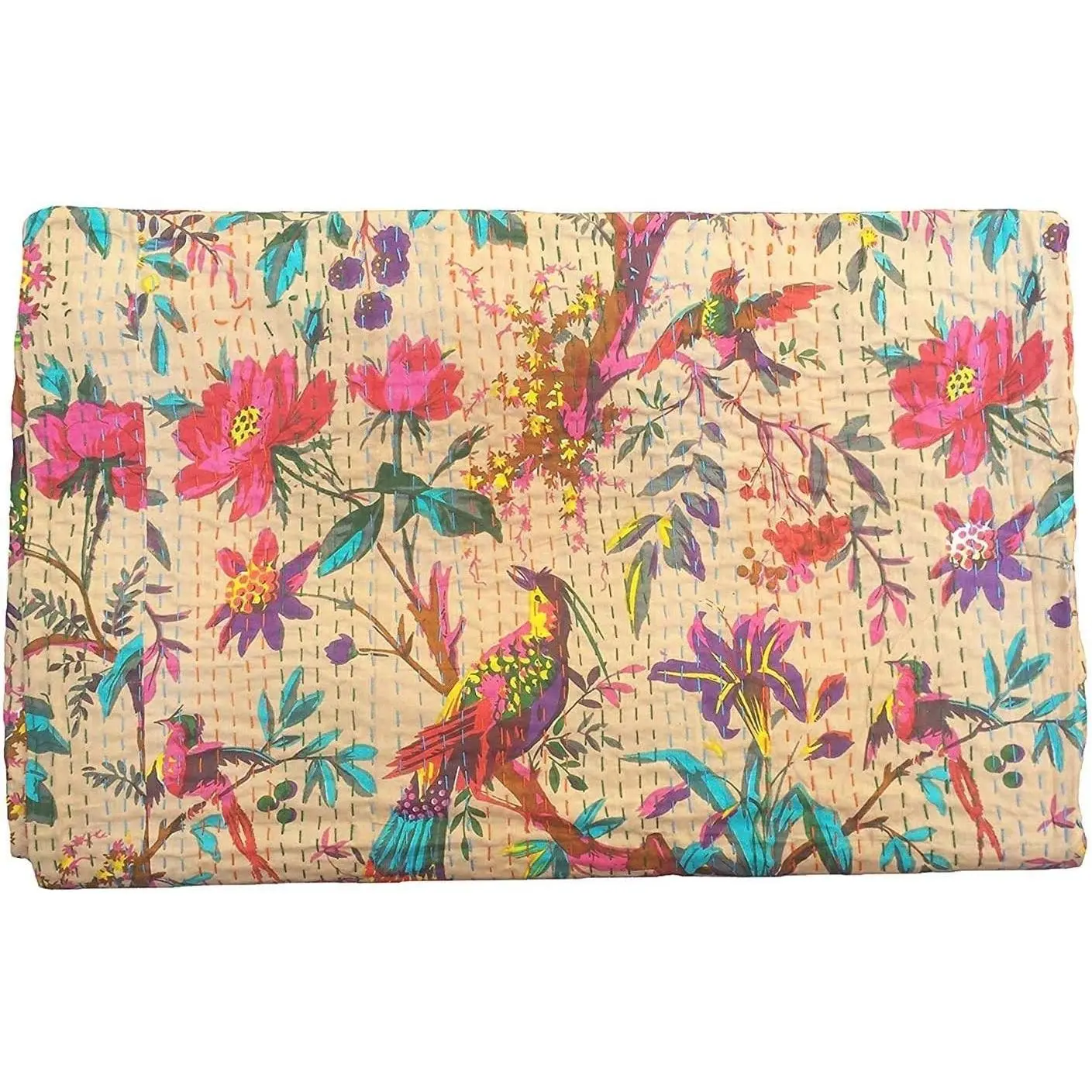 Indian Handmade Bird Print Beige Kantha Quilt Cotton Tribal Bed Cover Reversible Bedspread Blanket Picnic Throw Coverlet 90x60 Inches