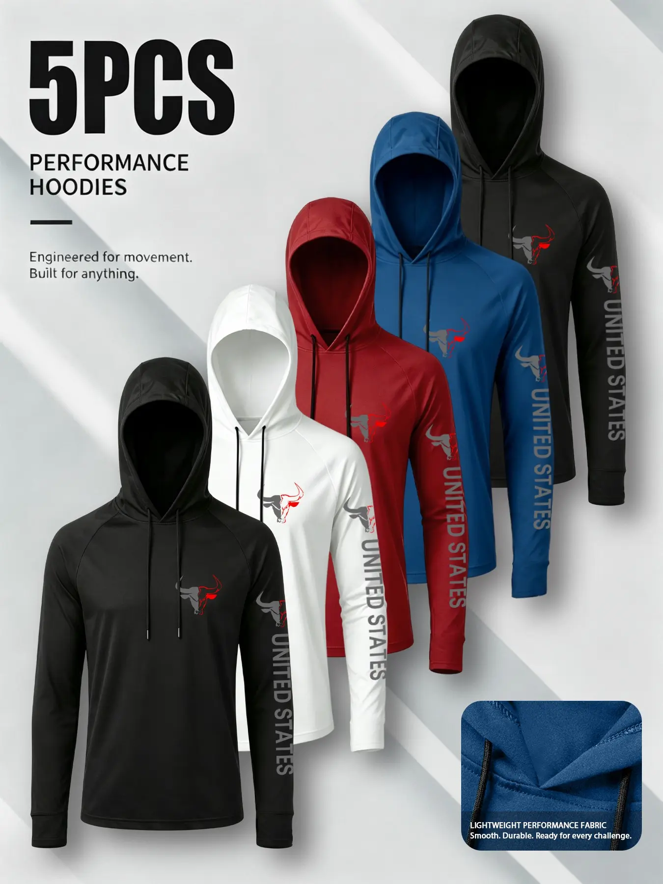 5-Pack Men's Sporty Outdoor Hooded Drawstring Long Sleeve T-Shirts, Streetwear Casual UV Protection, Fall Winter Breathable Tops