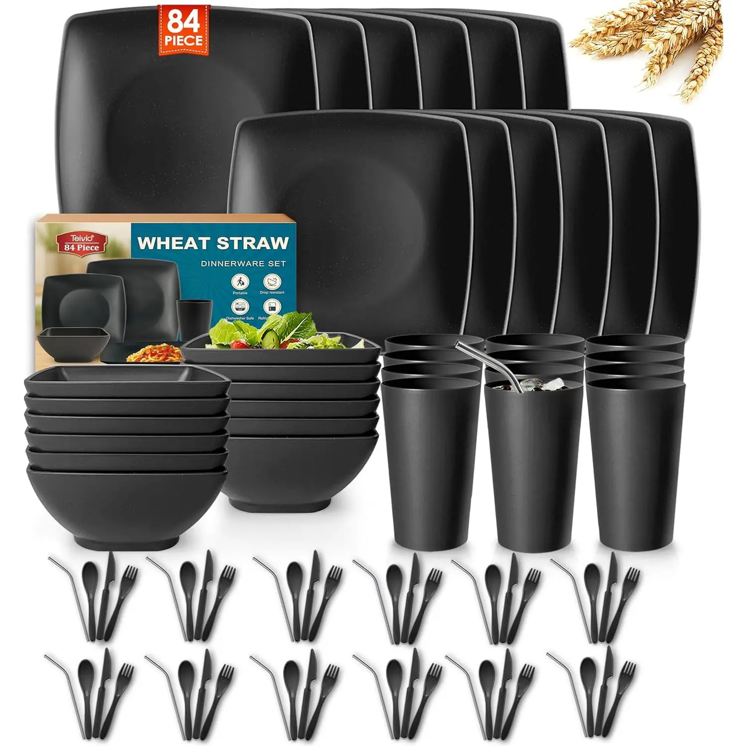 84 Pcs Wheat Straw Square Dinnerware Set with Tableware, Unbreakable Dining Plates Snack Bowls 13.5oz Cups & Stainless Steel Straws, Reusable Kitchen Tableware Kit Dishwasher Safe Suitable for 12 People, Black