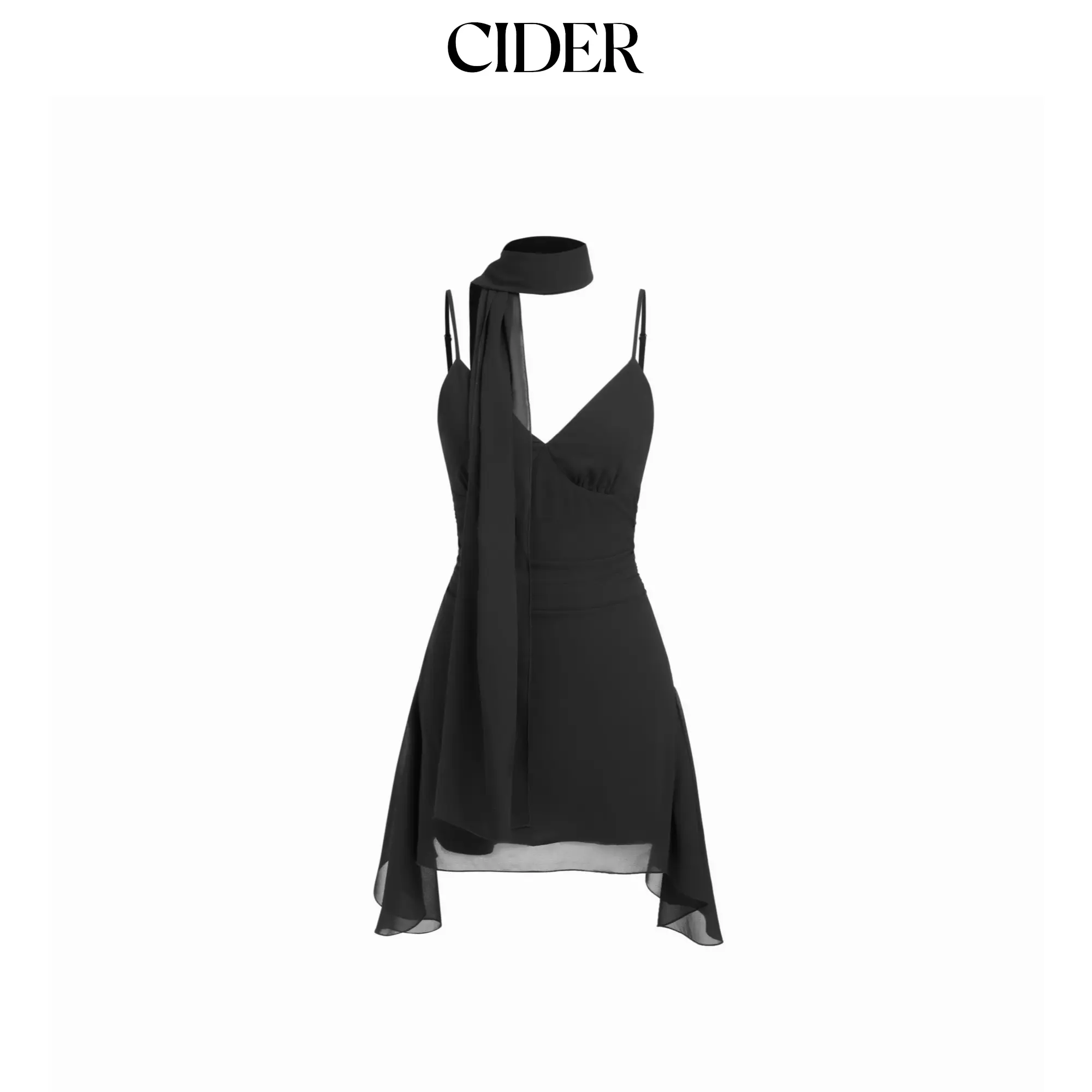 Cider Chiffon V-Neck A-line Mini Dress With Scarf SohoChic