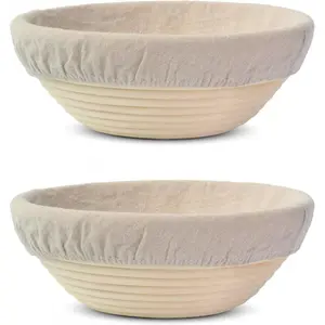 2Pcs 9 Inch Round Banneton Bread Proofing Basket, Natural Rattan Handmade Sourdough Proofing Basket with Linen Liner