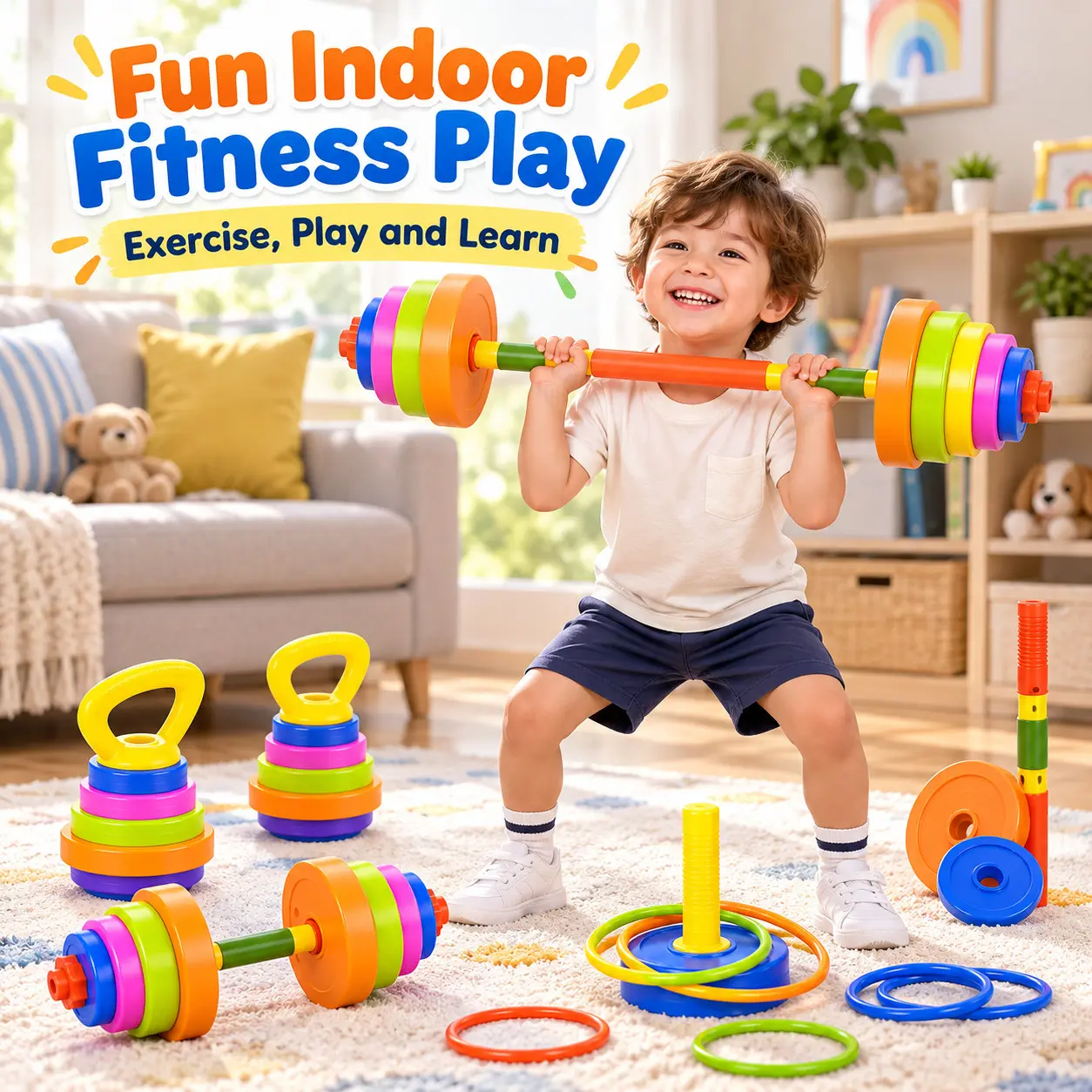 Simulation Fitness Toy Set, Colorful Weight Lifting and Ring Game, Indoor Outdoor Fun, Birthday Christmas Gift