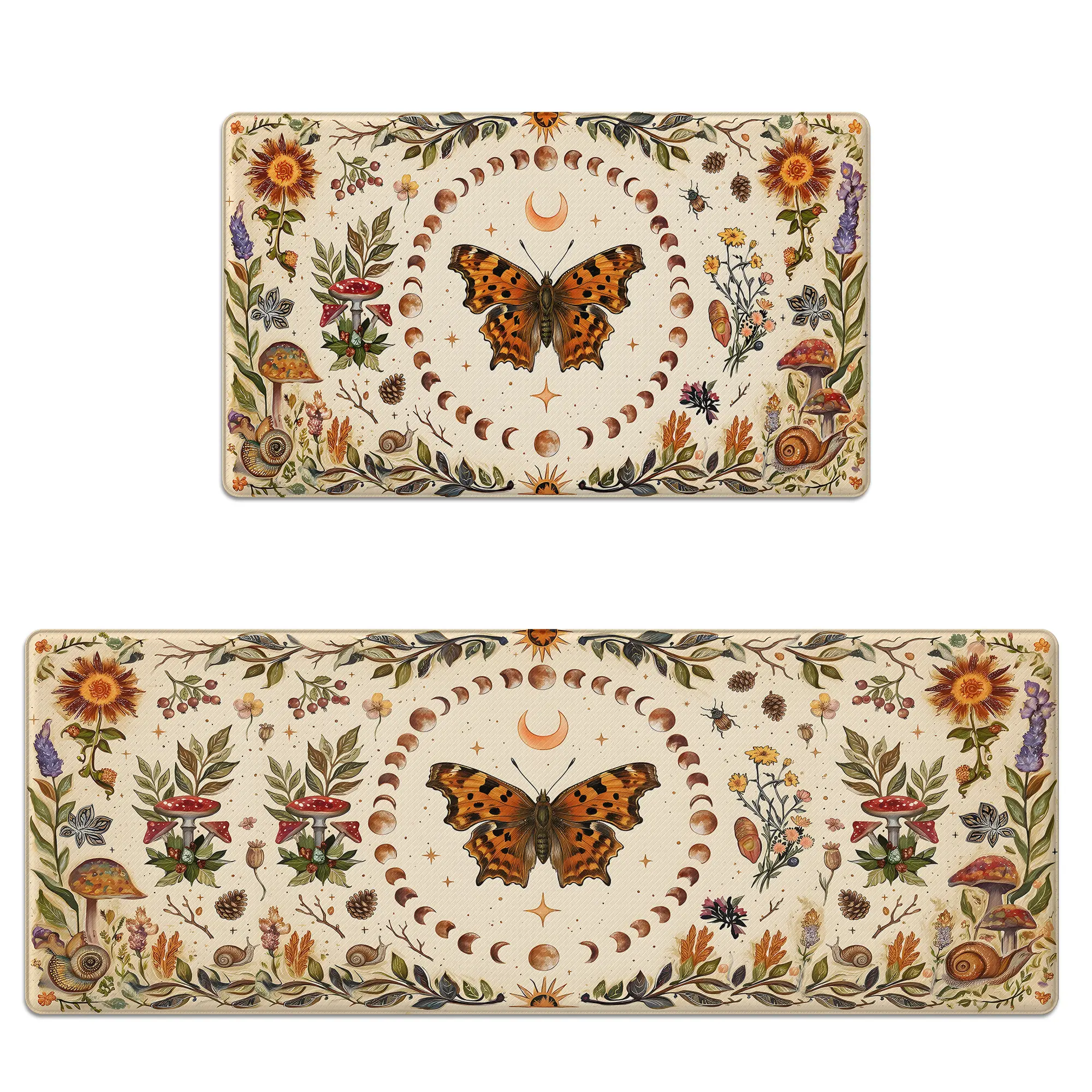Kitchen Rug Set of 2 Anti-Fatigue Cushioned Memory Foam Kitchen Mat Non-Slip Scratch-Resistant & Waterproof Celestial Butterfly Mushroom Design