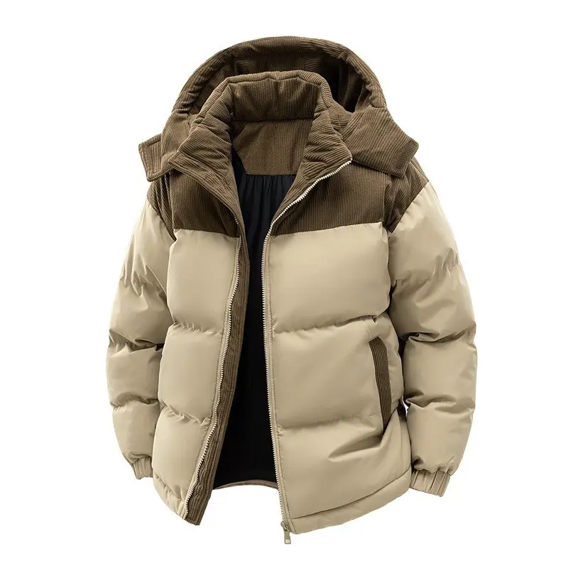 Men's Color Block Padded Jacket, Detachable Hood Corduroy Patchwork Winter Coat, Elastic Cuffs Multi-Pocket Warm Quilted Outerwear for Cold Weather Daily Wear