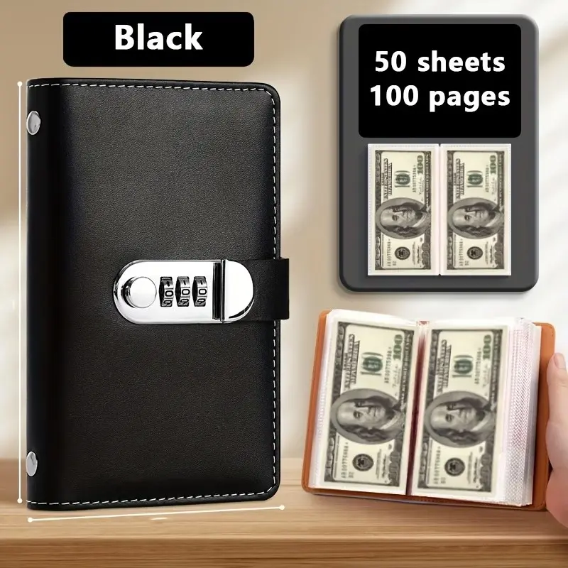 A6 Password Lock Savings Book, Large Capacity Premium PU Leather Savings Binder, Waterproof Cash Storage Album, Holds 100 Bills, Banknote Stamp Card Collection Album, Daily Money Organizer