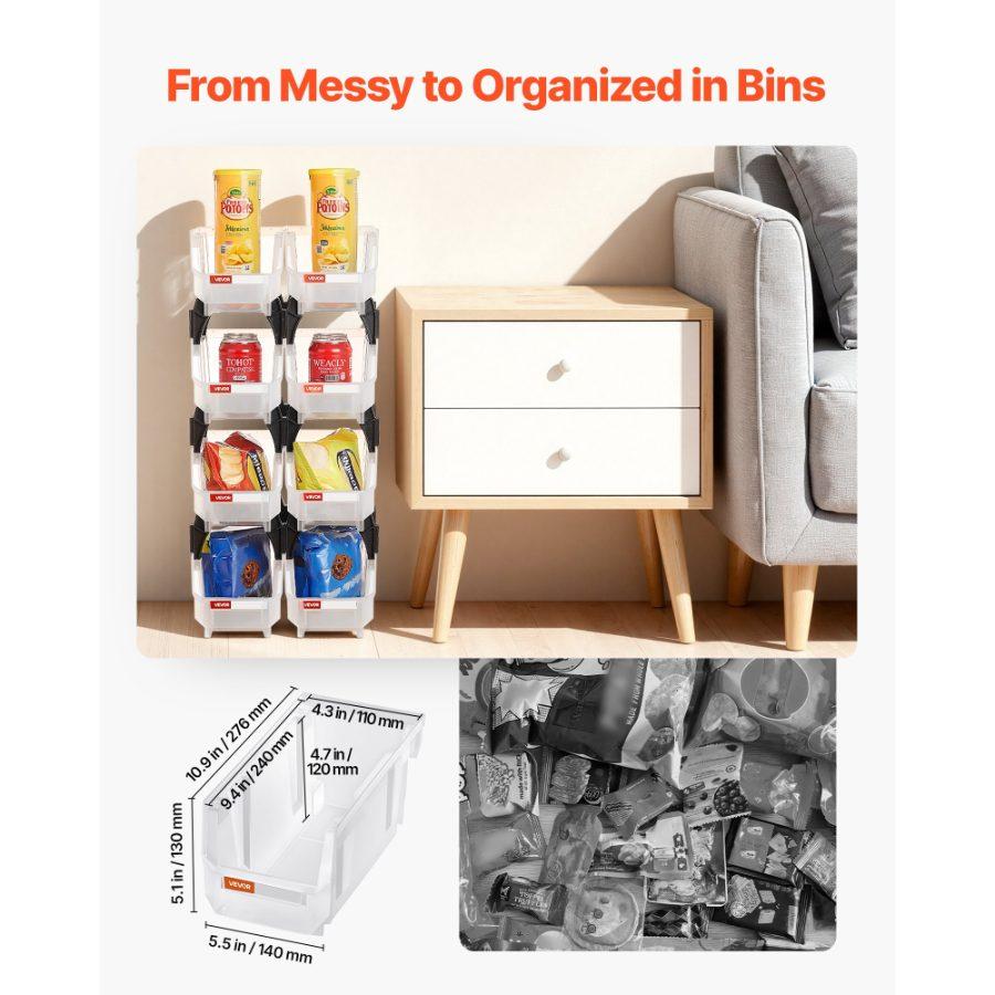 VEVOR Plastic Stackable Storage Bins, 10.9x 5.5x 5.1 inch (8 Pack), Plastic Containers for Organizing Storage Bins for Closet, Garage, Small Parts, Office Supplies, Other Accessories, Transparent