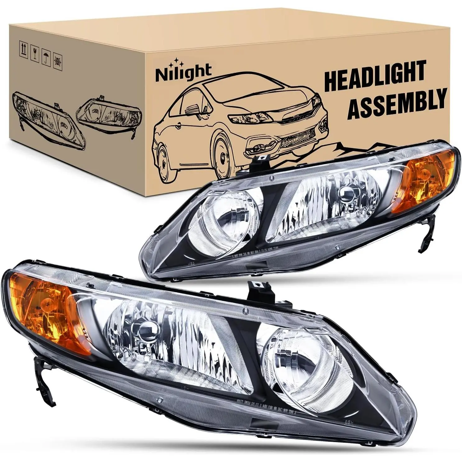 Nilight LED Car Headlight Assembly Replacement for 2006-2011 Honda Civic Amber Sedan 4-Door, Waterproof, Easy Install, Fogless, OE Standard, Upgraded Materials, Black Housing with Amber Reflector, Driver & Passenger Side
