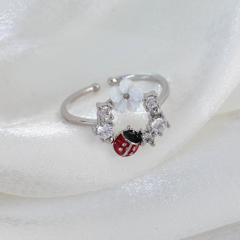 Spring and summer macaron-colored oil-drip flower heart ring with zircon inlay, open niche ring for women, personalized index finger ring