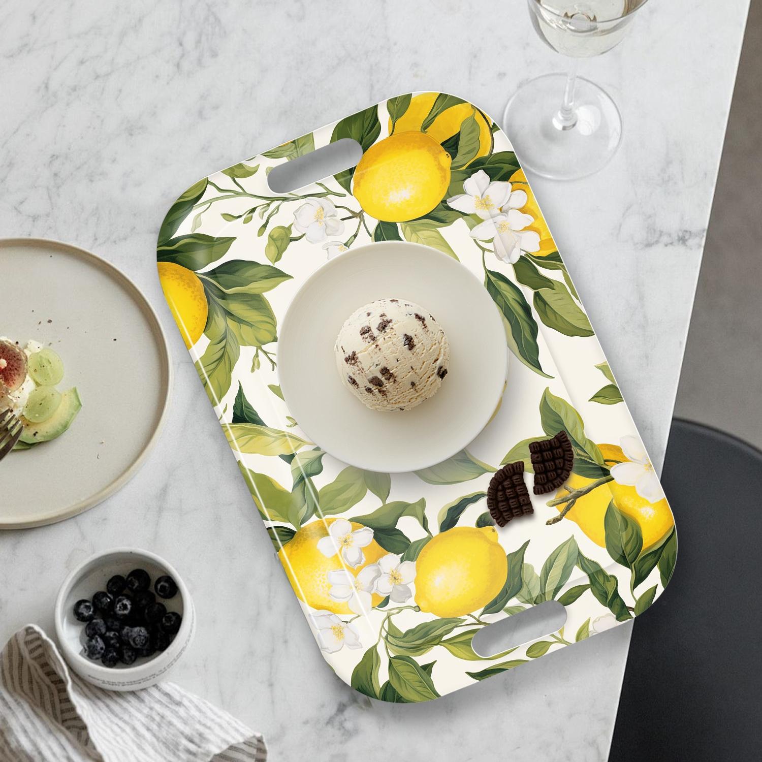 Modern Lemon Pattern Serving Tray - Lightweight & Easy-Clean Rectangular Snack Tray with Grip Handles, Sturdy Melamine for Kitchen, Dining, Parties - Lemon Tree Leaves Decor in Yellow, Green, White - Home Decor Centerpiece, Dining Table Acce Plates