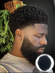 African Men'S Explosive Curly Wig Top Hairpiece, Human Hair Top Hair Replacement System, Durable Thin Pu Base, V-Looped Ring-Shaped Biomimetic Scalp Design, Repairs Thinning Hair On The Top Of The Head.