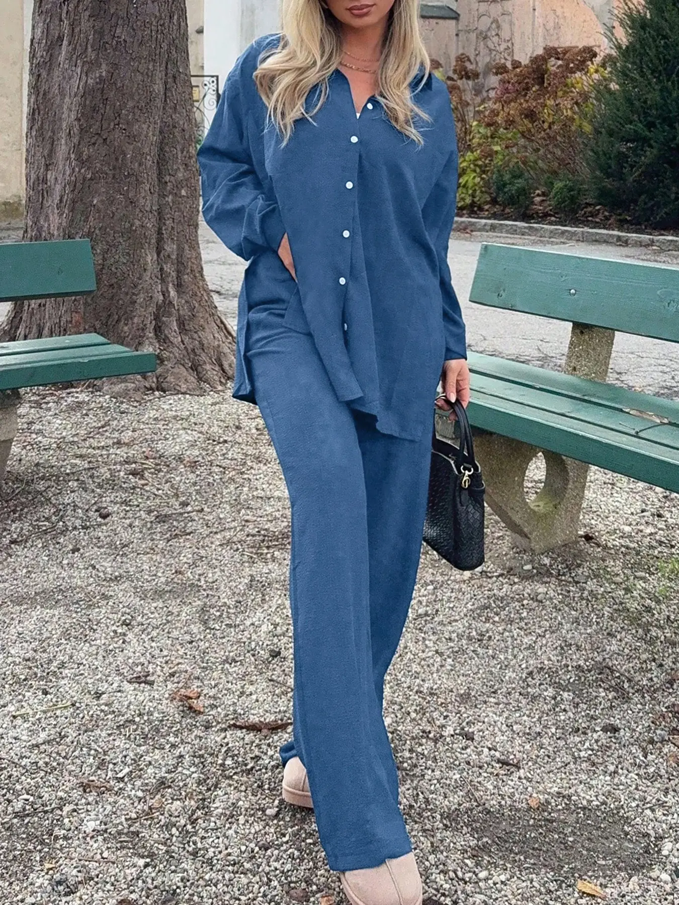 Women's 2-Piece Set, Textured Matching, Collared Long Sleeve Shirt + High Waist Wide Leg Pants, Casual Home Wear, Street Style, Chic