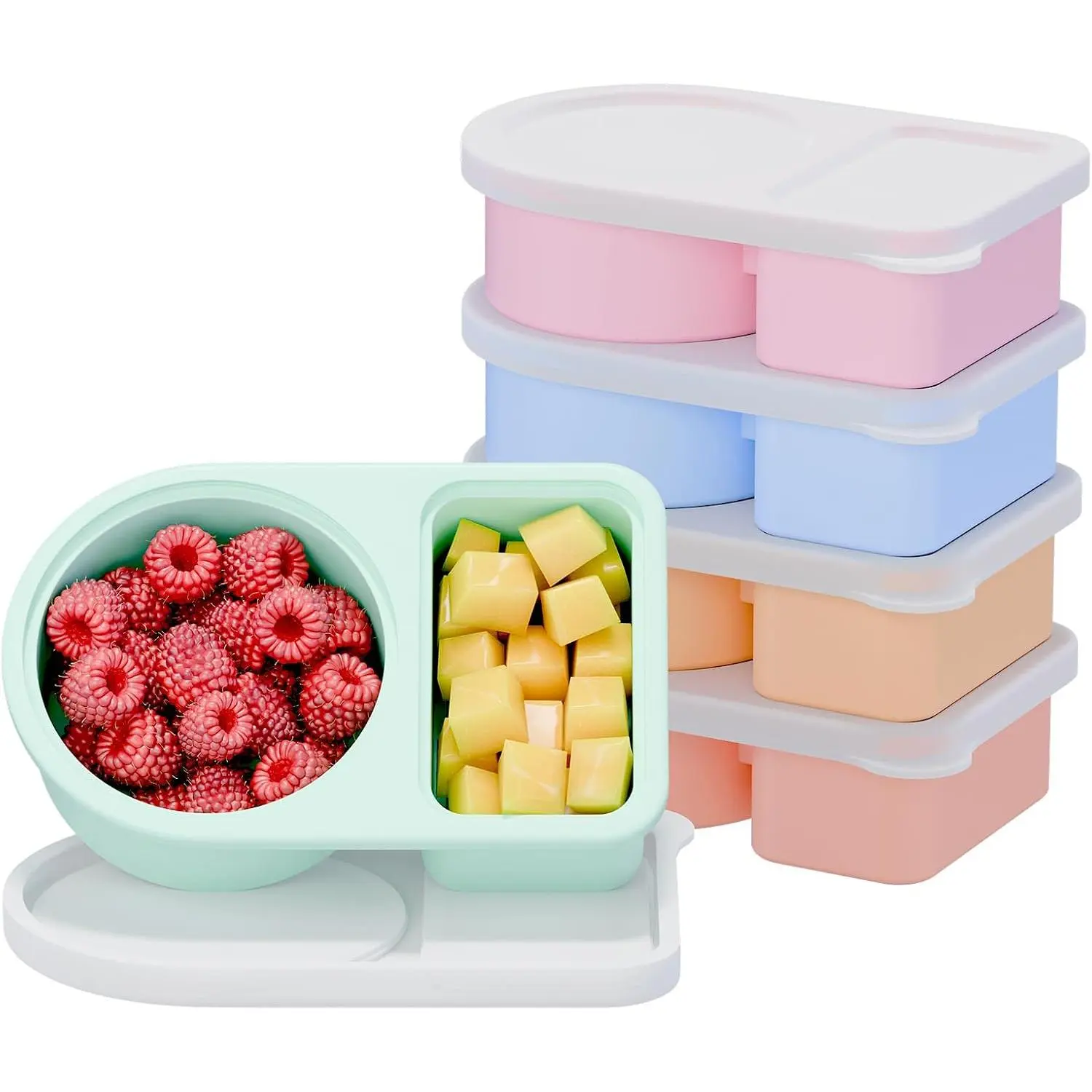 5-Pack Kitchen Snack Containers Set, 2-Compartment Rectangular Synthetic Snackle Box with Lid, 8 oz Rainbow Preserving Container, 8Oz