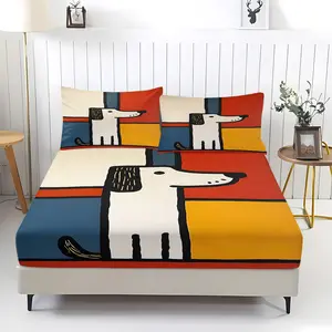 1Set Abstract Color Block Dachshund Print Fitted Sheet Set, Bed Sheet Set, Soft Breathable Wrinkle Resistant Digital Print Bedding, Includes 2 Pillowcases - without Core, Ideal for Kids Bedroom, Guest Room & Dorm Use