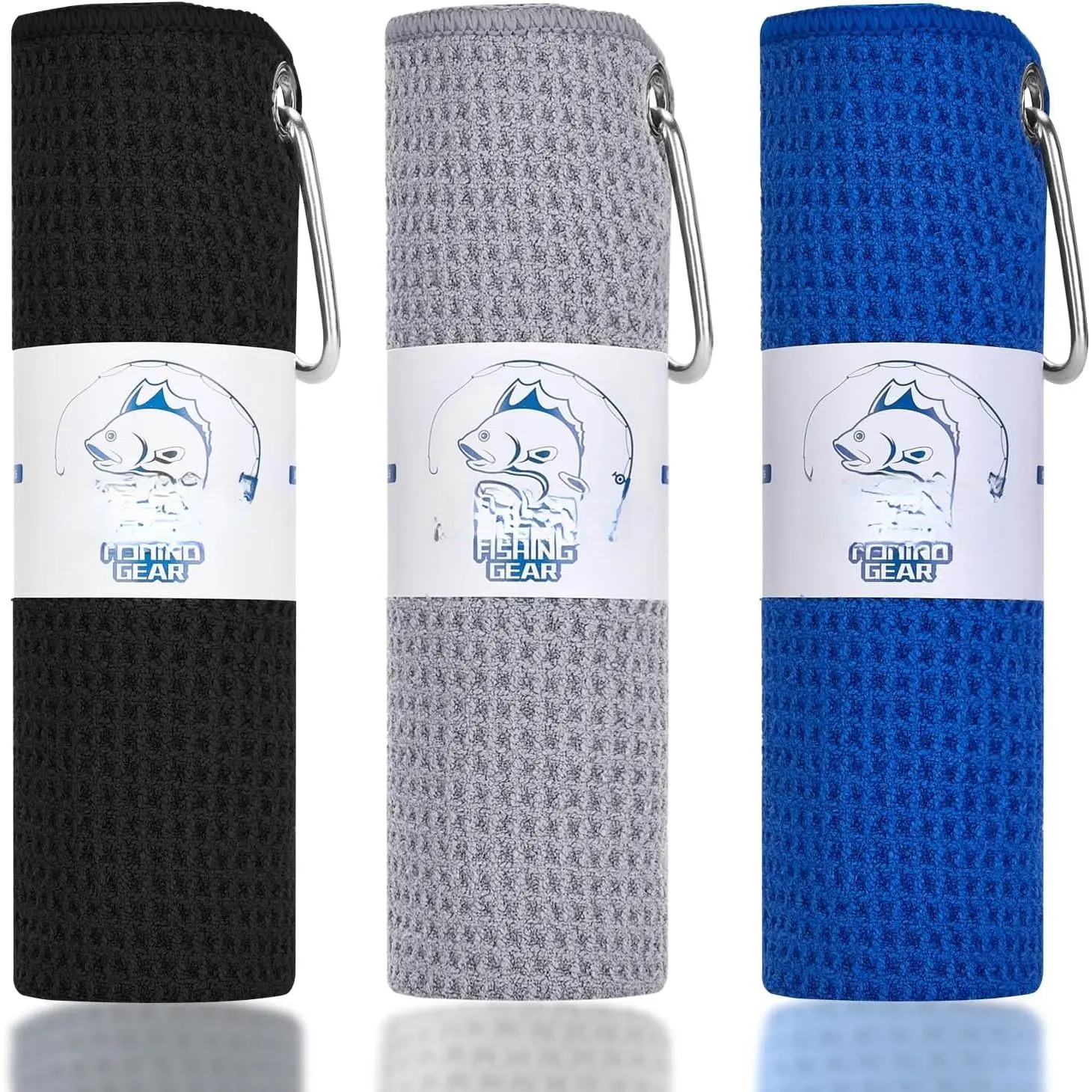 Microfiber Fishing Towels with Clip, Waffle  for Effective Cleaning of Fishing Gears or Dirty Hands, 16” x 16”, Camping Towels, Hiking Towels, Pack of 3 (Black/Grey/Blue)