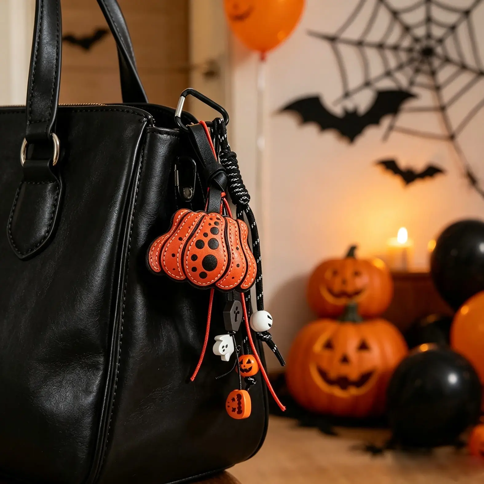 Halloween Pumpkin Bag Charm Keychain, Cute Ghost Spider Web Pendant, Spooky Leather Carabiner, Gothic Trick or Treat Accessory