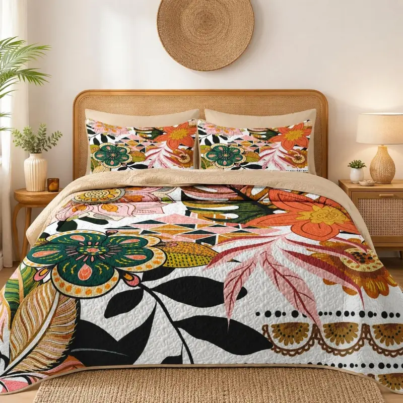 Boho Floral Print 3-Piece 3-in-1 Duvet Cover Set, Full/Queen Size, Lightweight Soft Wrinkle-Free All-Seasons Bedspread for Bedroom Decor, 3 Pieces