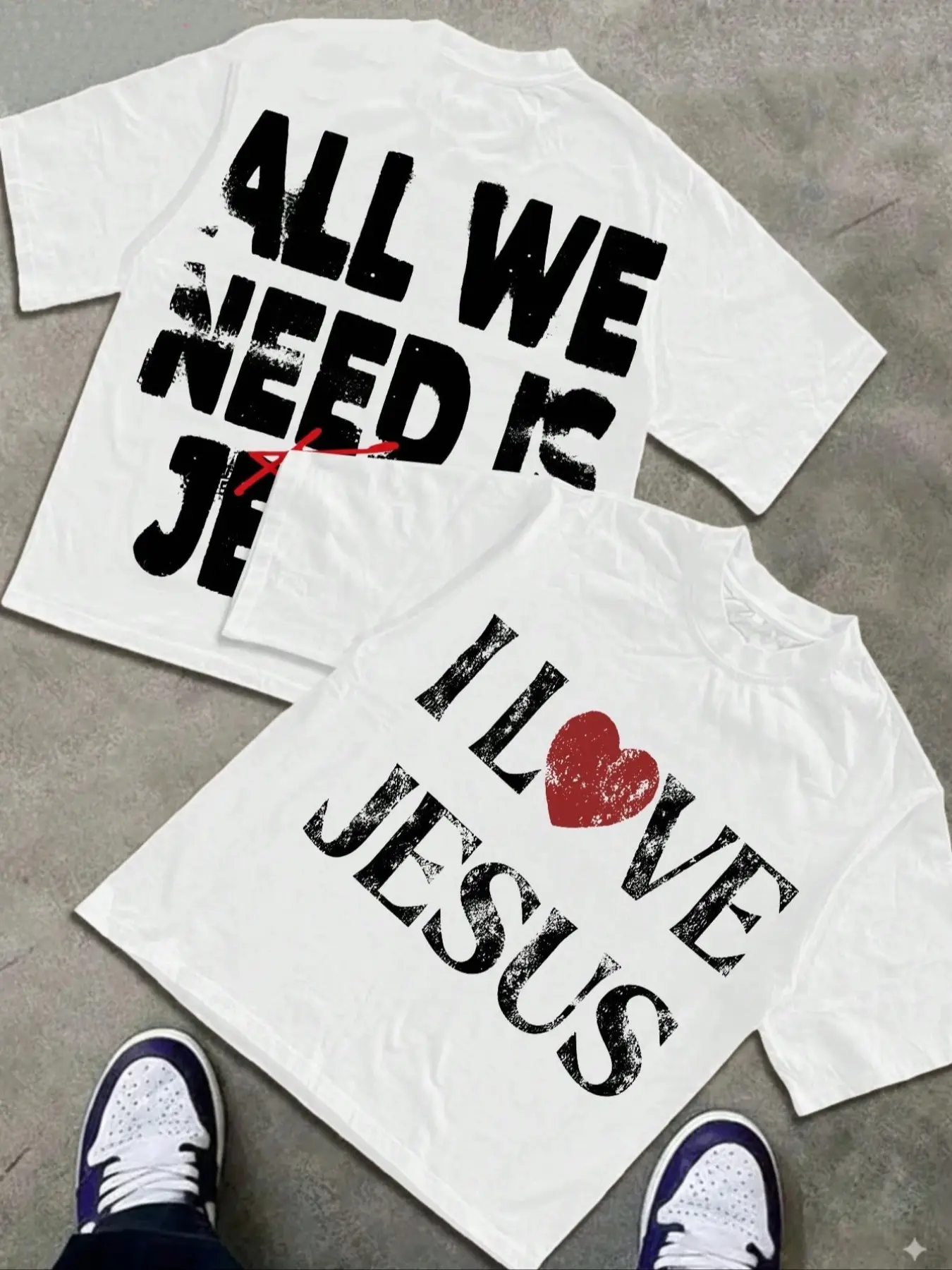 Y2K Style Unisex Vintage Christian "I Love Jesus" slogan and“All we need is Jesus” slogan print Graphic Tee, Round Neck Short Sleeve Fitted T-Shirt, Suitable for street wear, Streetwear, believer culture, trendy wear, comfortable, retro, casual