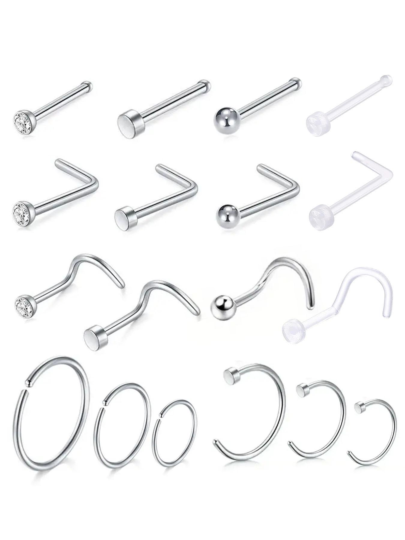 18pcs Stainless Steel Nose Ring, Nose Rings for Women & Men, Nose Cuff Rings, Transparent Nose Rings for Daily Wear, Trendy All-match & Exquisite Jewelry, Nose Piercing Jewelry for Birthday Gift