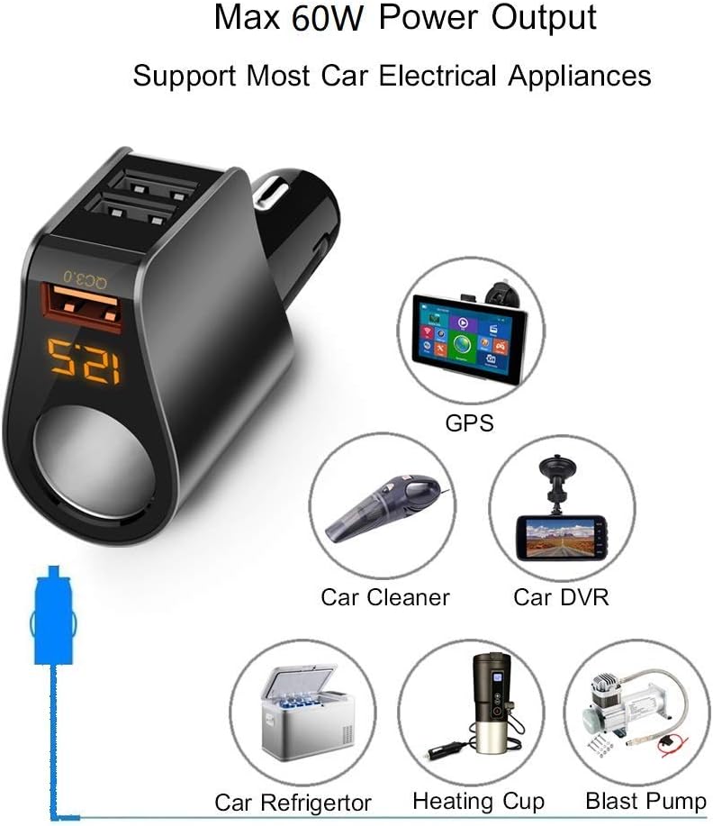 Cigarette Lighter Socket Adapter, Car Charger QC3.0, 12V/24V Outlet Plug Splitter with Multi USB Ports, Voltmeter Compatible for iPhone, Galaxy, GPS Cigarette Lighter Socket Adapter, Car Charger QC3.0, 12V/24V Outlet Plug Splitter with Multi USB Ports, Voltmeter Compatible for iPhone, Galaxy, GPS