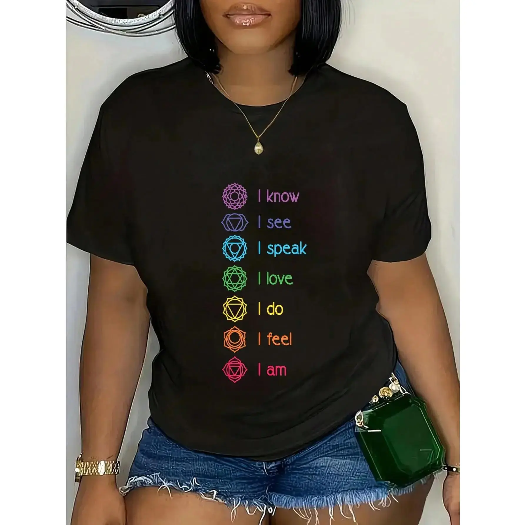 Casual Short-Sleeve Round Neck Spiritual T-Shirt for Chakra Alignment, Yoga, Meditation, Shortsleeve