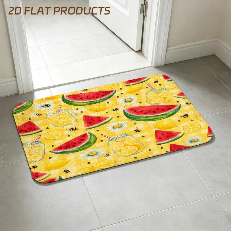 Vibrant Watercolor Summer Fruit & Bee Print Entry Doormat, Yellow Subtle Checkered Background with Watermelon, Lemon, Lemonade Jar, Daisy & Bee Elements, Multiple Specifications Available, Fresh Cheerful Home Accessory for Entryway & Porch