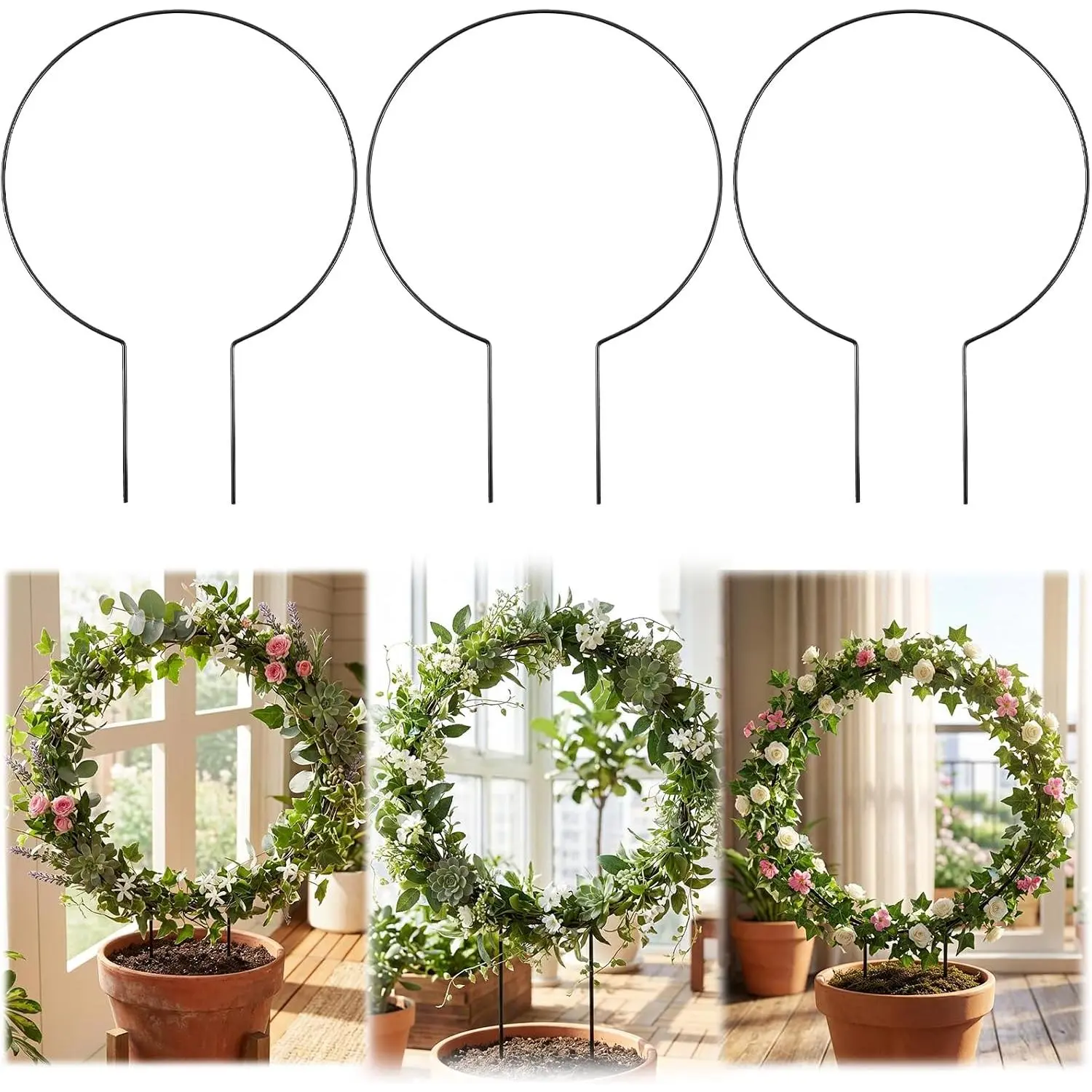 3-Pack Small Round Rust-Proof Metal Trellis Set, 11-Inch Black Iron Plant Support for Potted Vines, Indoor-Outdoor Garden Supplies, Set Pack