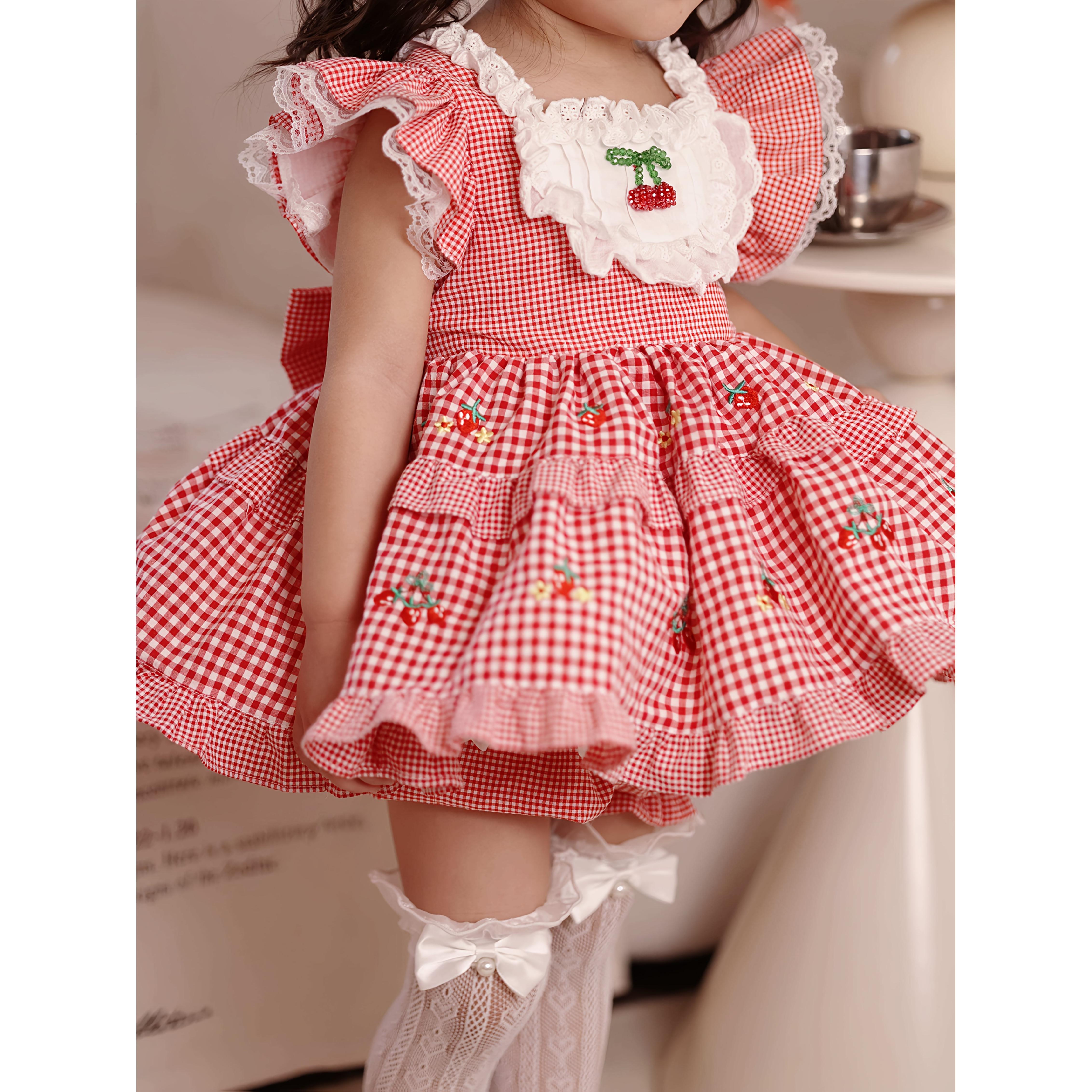 Girls' Retro Cherry Print Short Dresses - Loose-Fit Summer Party Ready Dress with Bow Waist Accessory, Elastic Sock-Style Leg Warmers, Non-Stretch Fabric, Easy Care for Theme Parties & Daily Play (No Petticoat Needed)