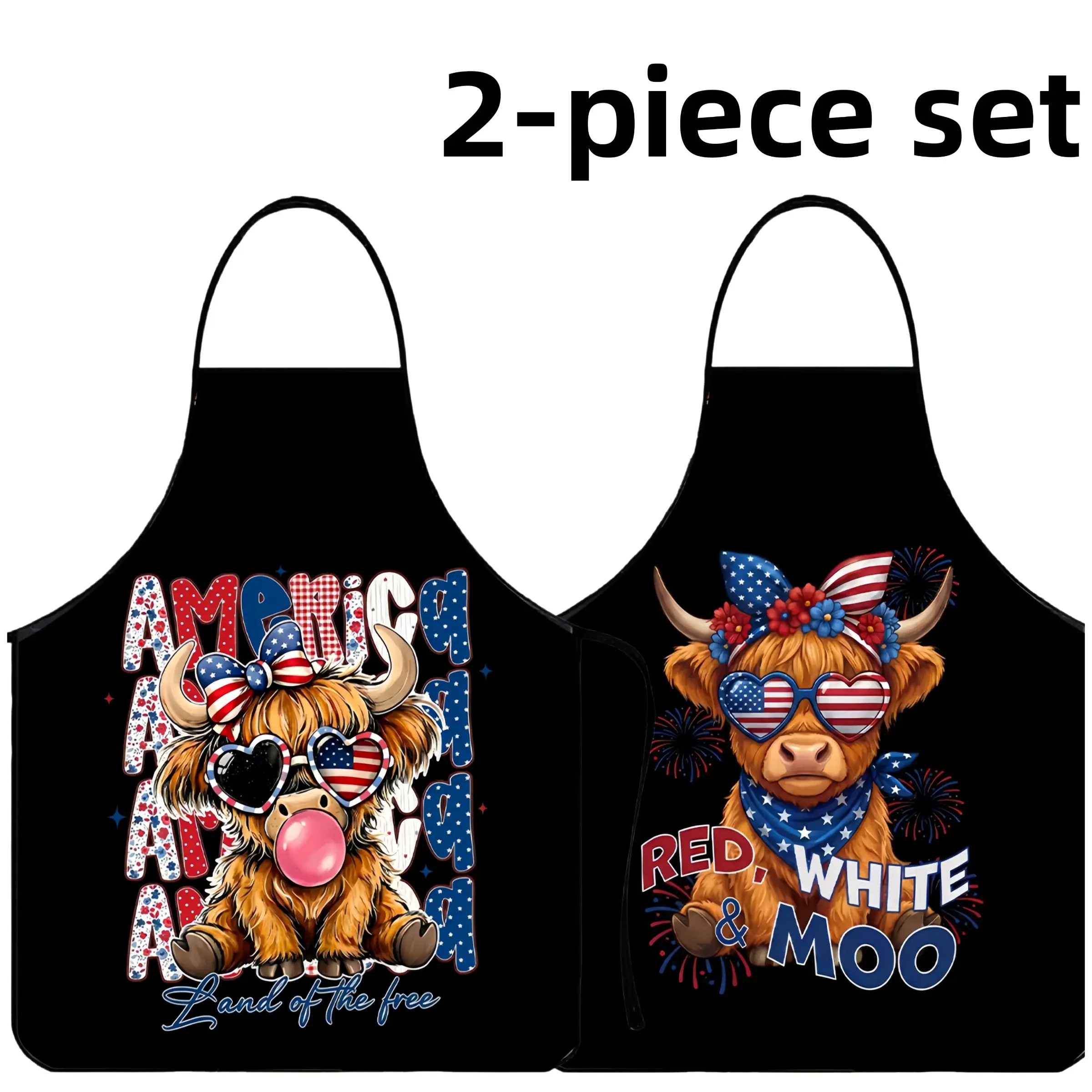 2-Piece Set Land of the Free Highland Cattle Print Aprons,Polyester  Apron,Unisex Cooking Apron, Kitchen Essentials,Christmas Gift ,BBQ Apron,Garden Tool,﻿Cleaning Tool,Apron for Men&Women