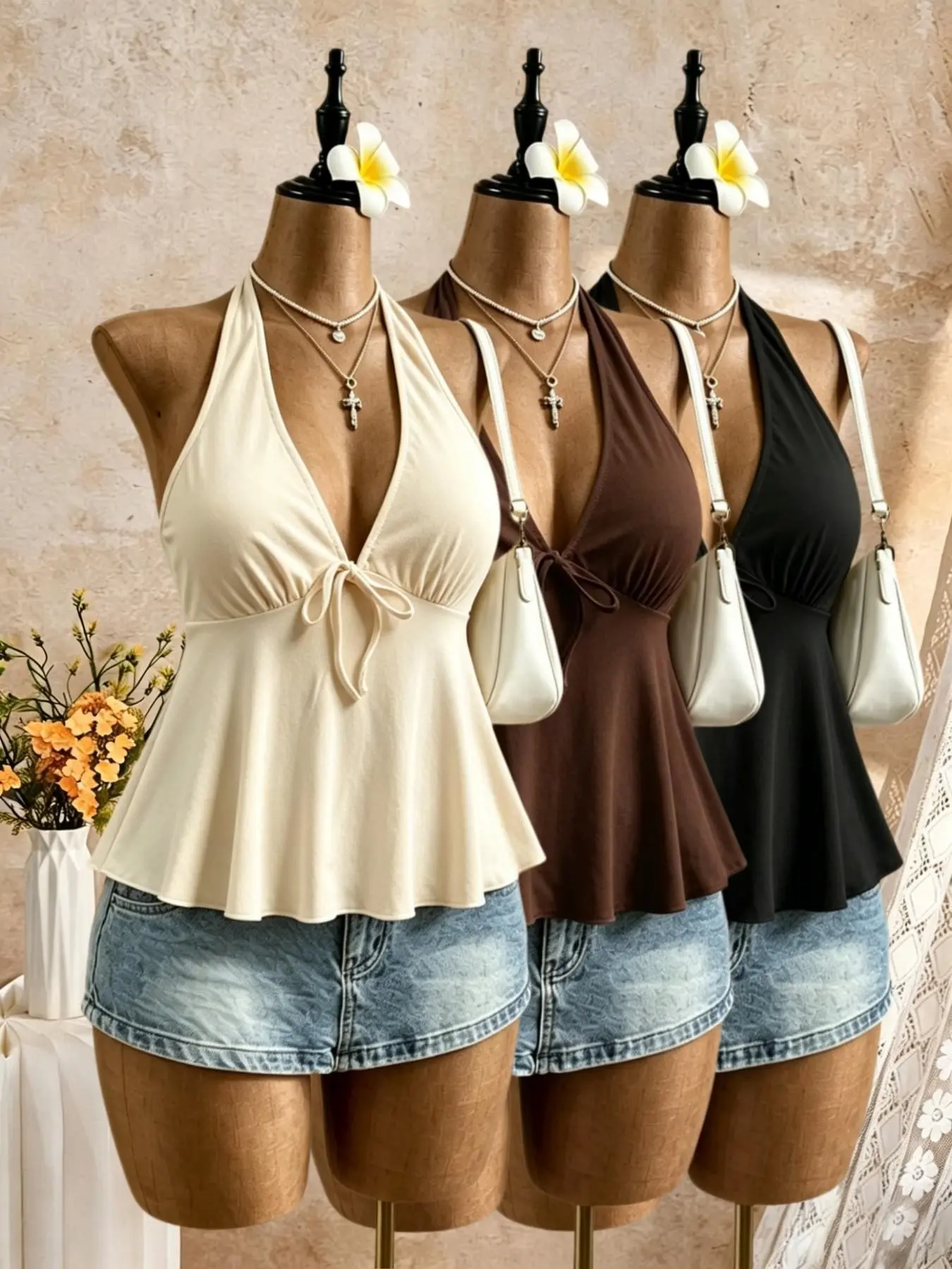 Pure Desire Halter Neck Deep V Sleeveless Top, Summer Waist Cinch Ruffle Slimming Crop Tank Set of Three, Casual Sexy Feminine Girl Strappy Backless Blouse