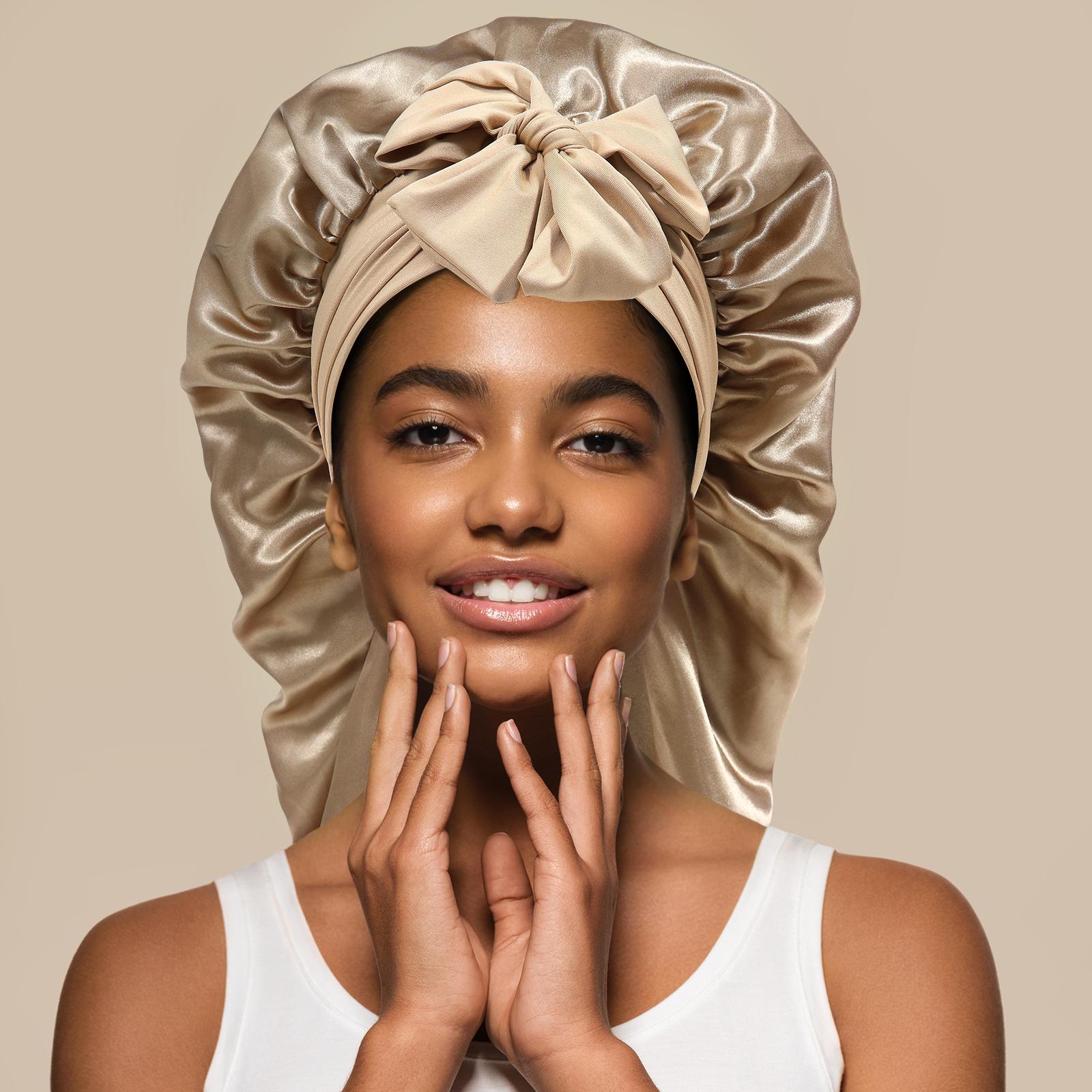 AWAYTR Long Satin Bonnet for Women Double Layer Elastic Silk Bonnet for Braids Hair Sleeping Cap with Tie Band AWAYTR Long Satin Bonnet for Women Double Layer Elastic Silk Bonnet for Braids Hair Sleeping Cap with Tie Band