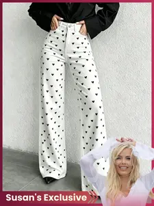 New High-Waisted Elastic Women's Jeans, Casual Long Loose-Fit Polka Dot Print, Zipper Fly, All Seasons, Daily Commute & Vacation