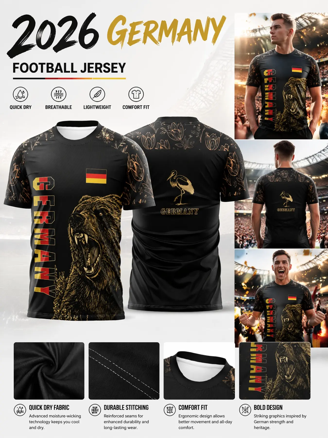 2026 Germany Soccer Jersey, Mesh Tulip Print, Stork Back Design, Quick-Dry Breathable Sport T-Shirt, Ideal for Fans and Training