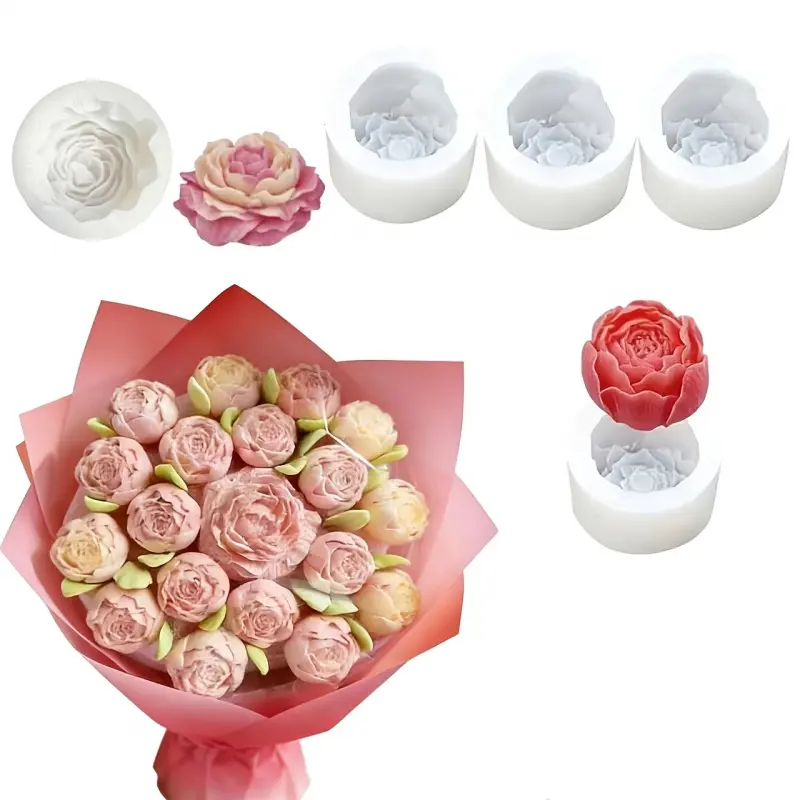 5pcs Peony Flower & Bud Silicone Mold Suitable for Scented Candles, Resin Crafts, Clay, Plaster - Flexible Durable DIY Molds with Irregular Shape for Wax, Clay, Resin Projects - for Birthdays, Weddings, Christmas Gifts, Candle Making Supplies