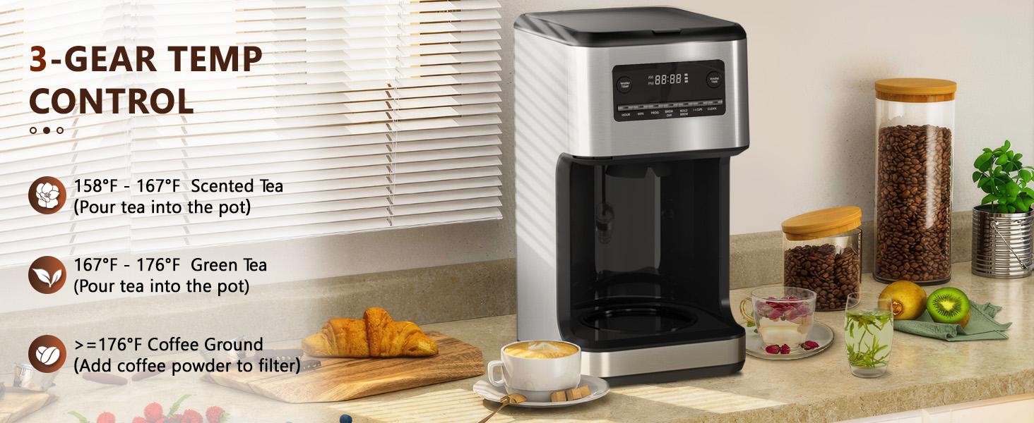 Kismile Coffee Maker, 14-Cup Programmable Drip Coffee Makers Machines with Timer, Reusable Filter & Keep Hot Plate, Auto Pause, Self-Cleaning, Stainless Steel