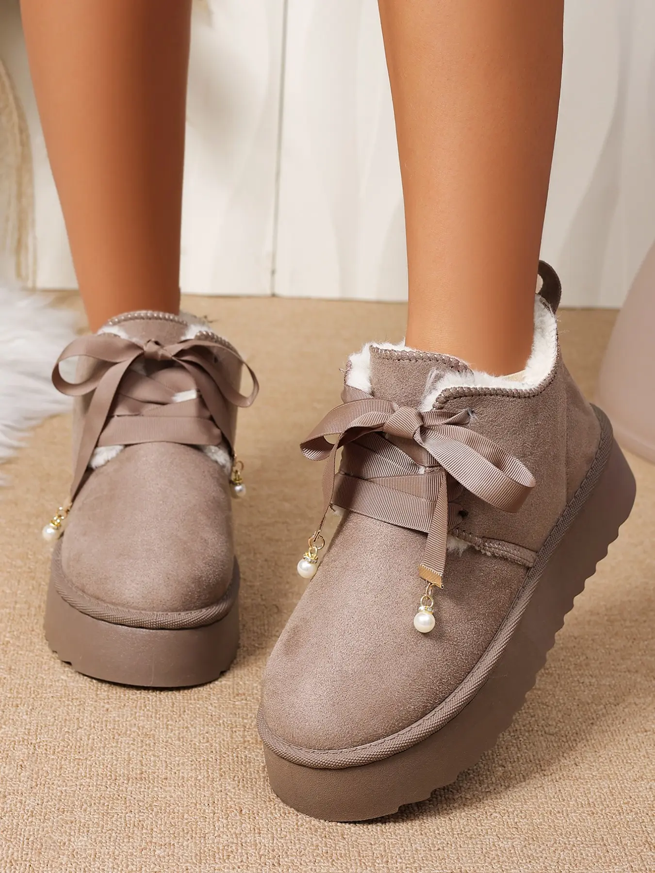 Women's Satin Ribbon Bow Pearl Charm Ankle Boots, Plush Lined Warm Winter Short Boots, Non-Slip Sole, Casual Daily Wear