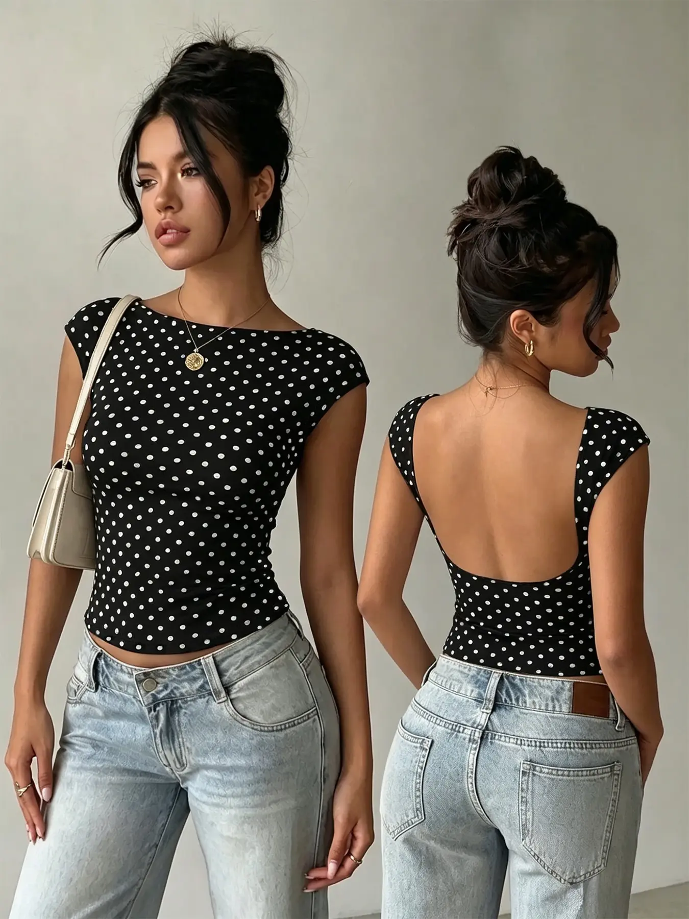 Women Black White Polka Dot Cap Sleeve Crop Top, Boat Neck Open Back Slim Fit Ribbed Knit Tee, Y2K Boho Vintage Chic Aesthetic Casual Short Backless T-Shirt for Daily Street Outfit